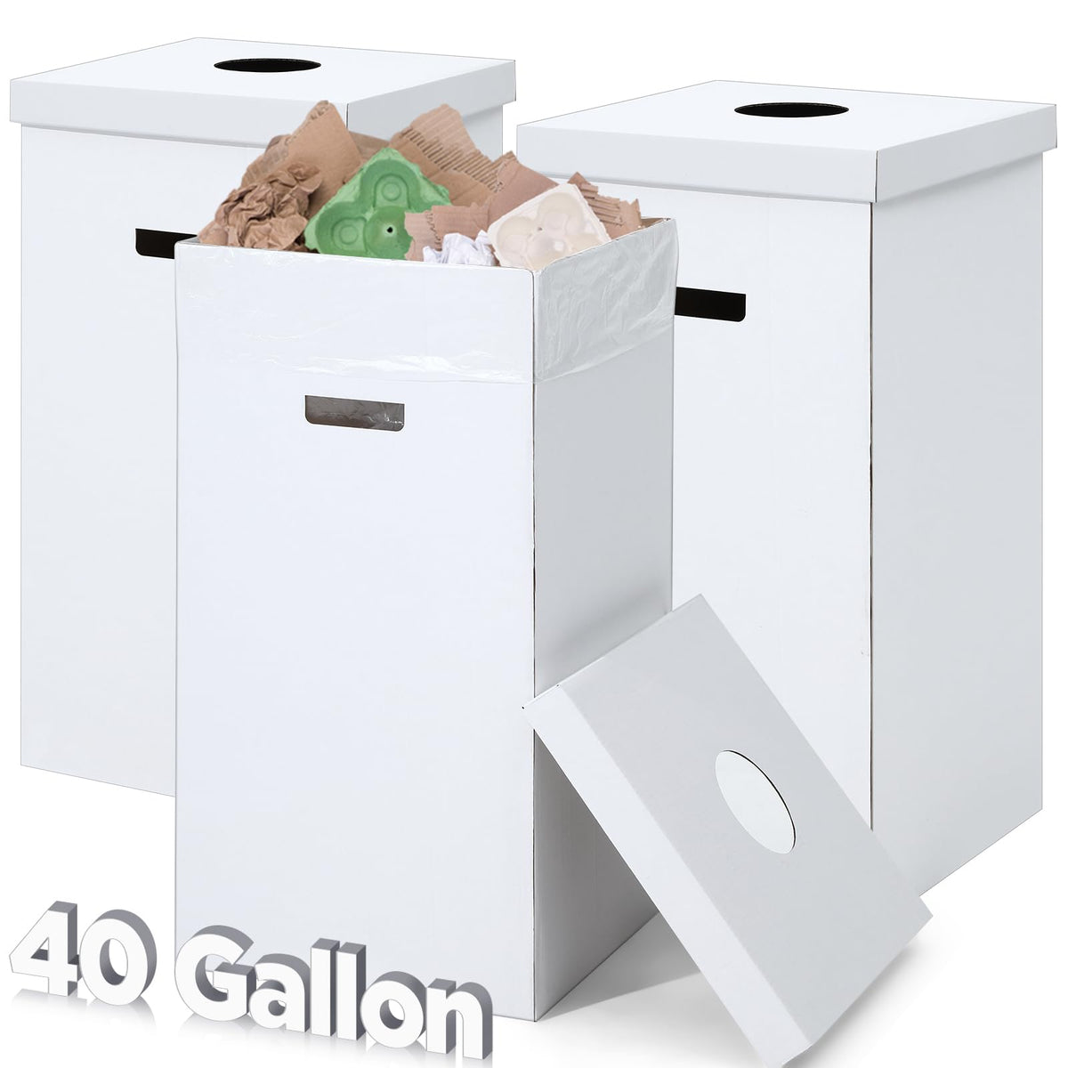 3 Pcs Cardboard Trash Cans with Lid Disposable and Reusable Corrugated Cardboard Trash Cans Recycling Bins Bulk with 6 Garbage Bags White Rubbish Boxes for Parties Events