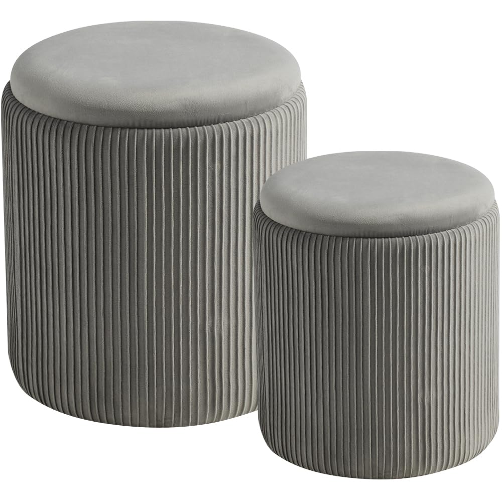 Set of 2 Round Storage Ottoman Light Grey Velvet Ottoman with Storage