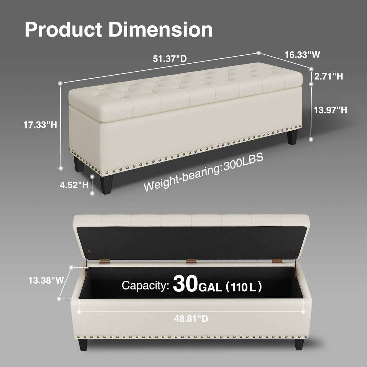 51 Inch Storage Ottoman Bench