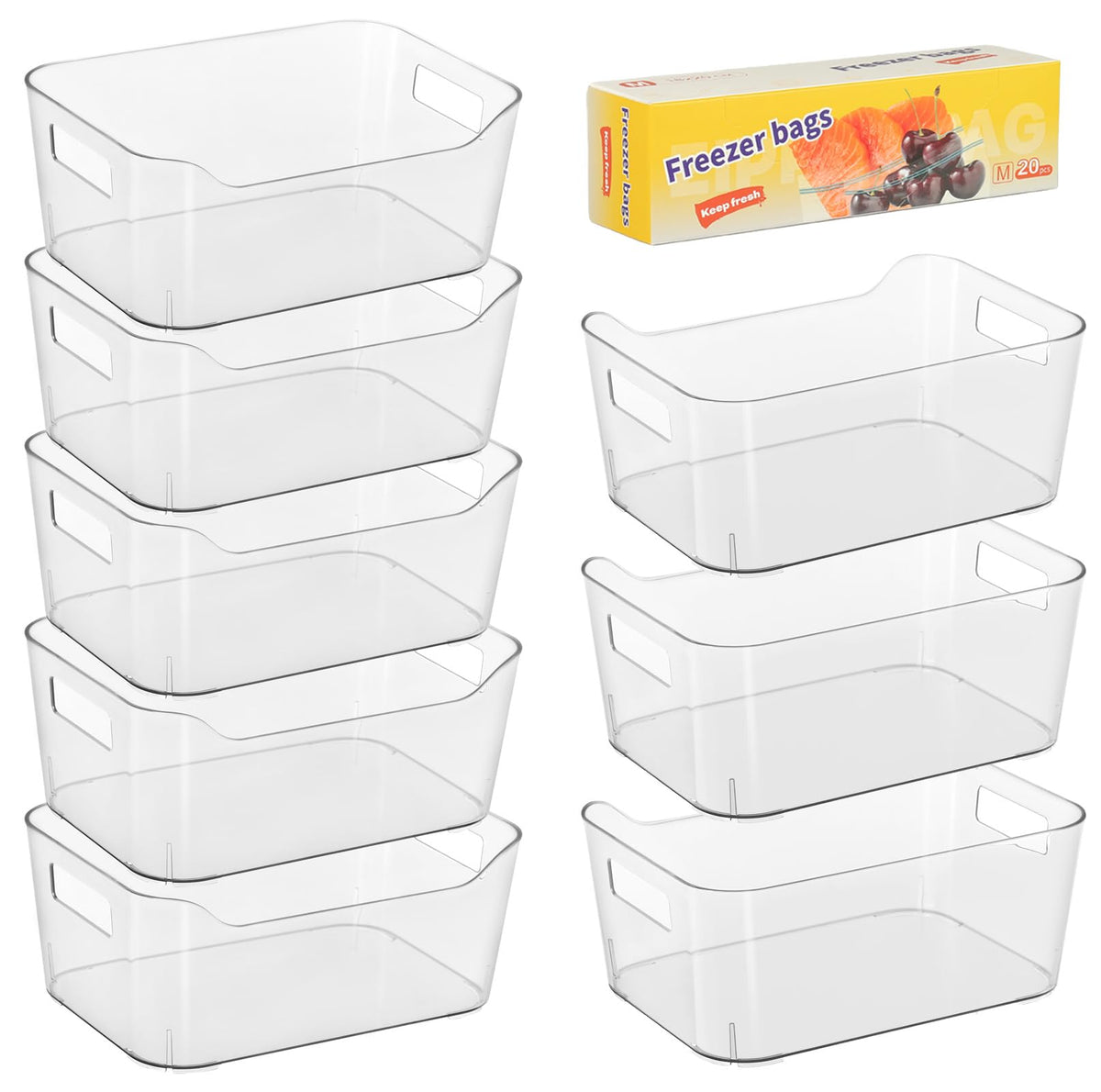 8 Pack Plastic Organizer Bins and 20 Pcs Freezer Bags Multi (8 Count)