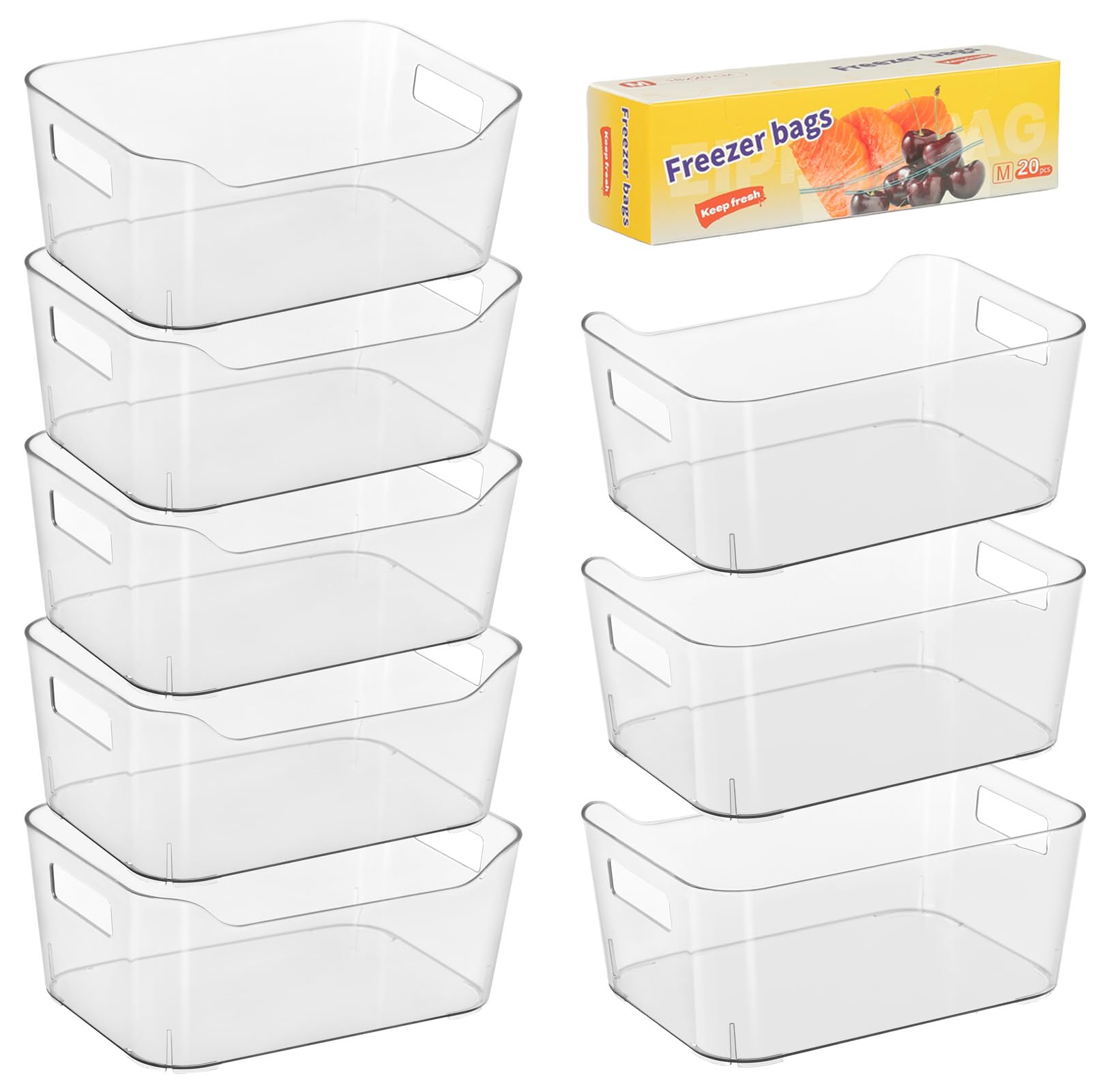 8 Pack Plastic Organizer Bins and 20 Pcs Freezer Bags Multi (8 Count)