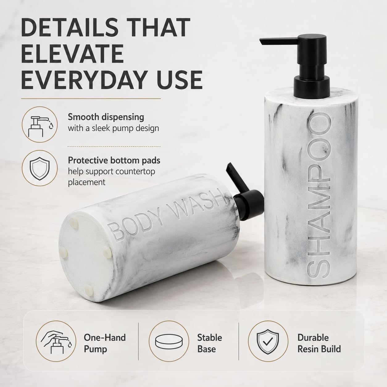 Marble Resin 2 Piece Shampoo and Body Wash Dispenser Set