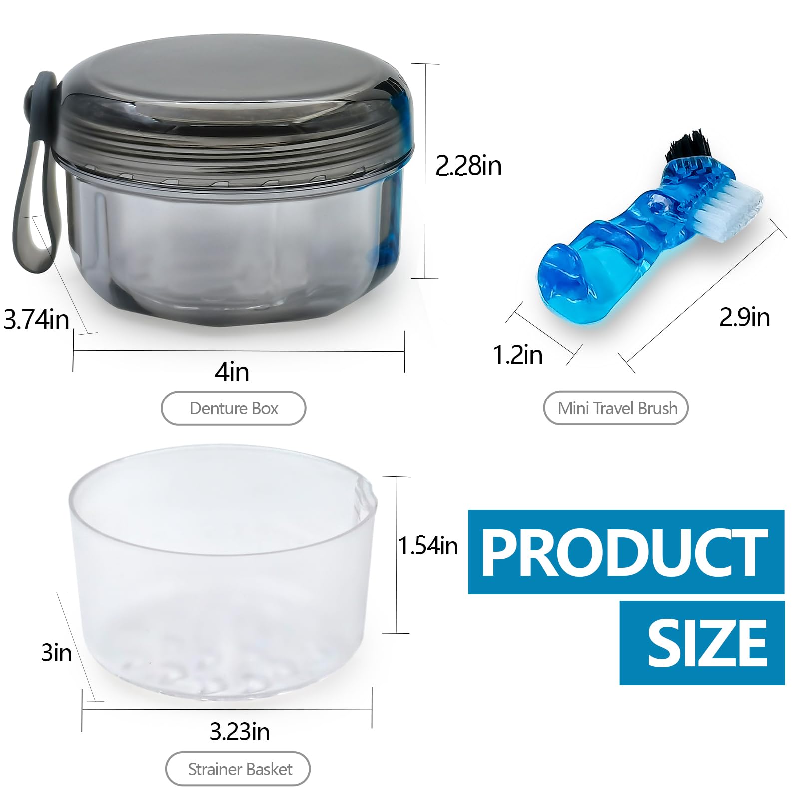 Leak Proof Denture Cups for Soaking Dentures with Strainer Basket and Brush