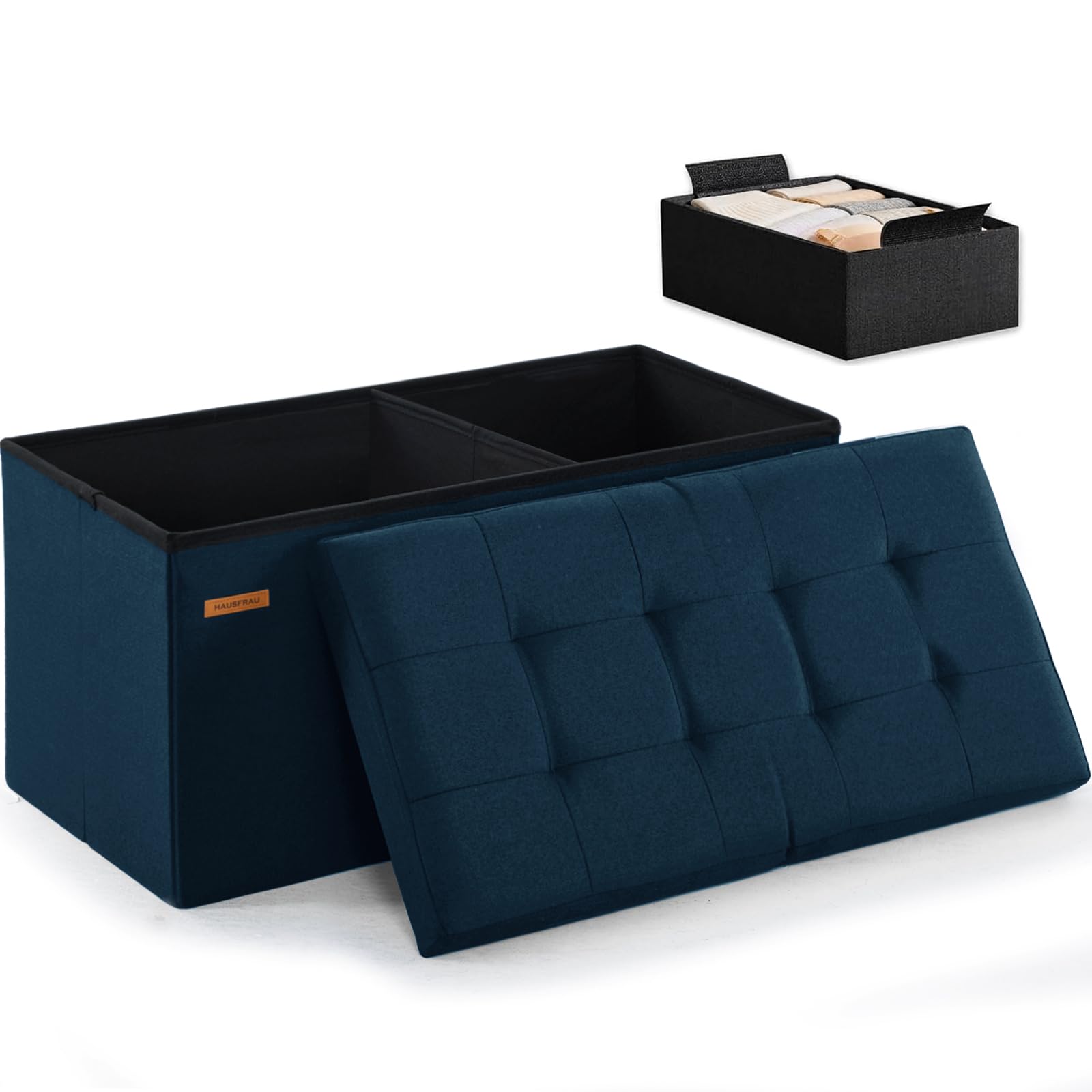 Ottoman with Storage Bench Folding Foot Rest Stool Linen Navy