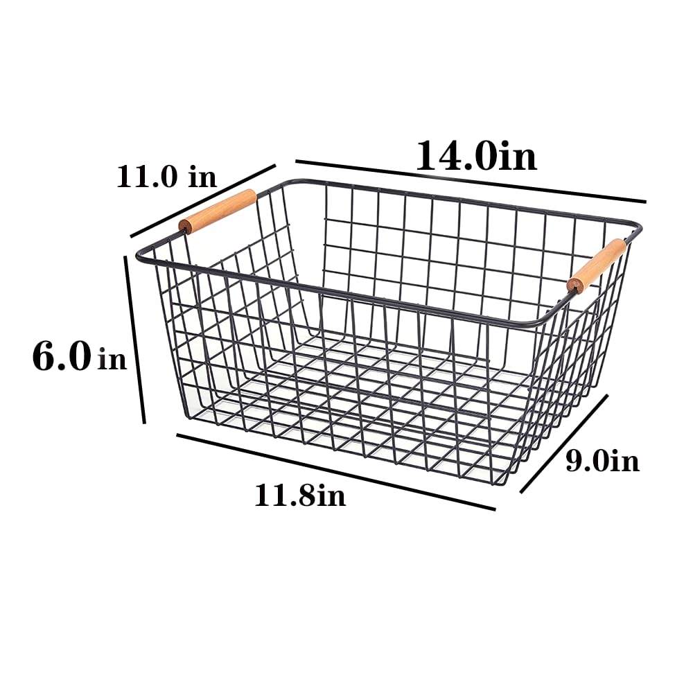 Large black wire basket for Organizing with Wooden Handles
