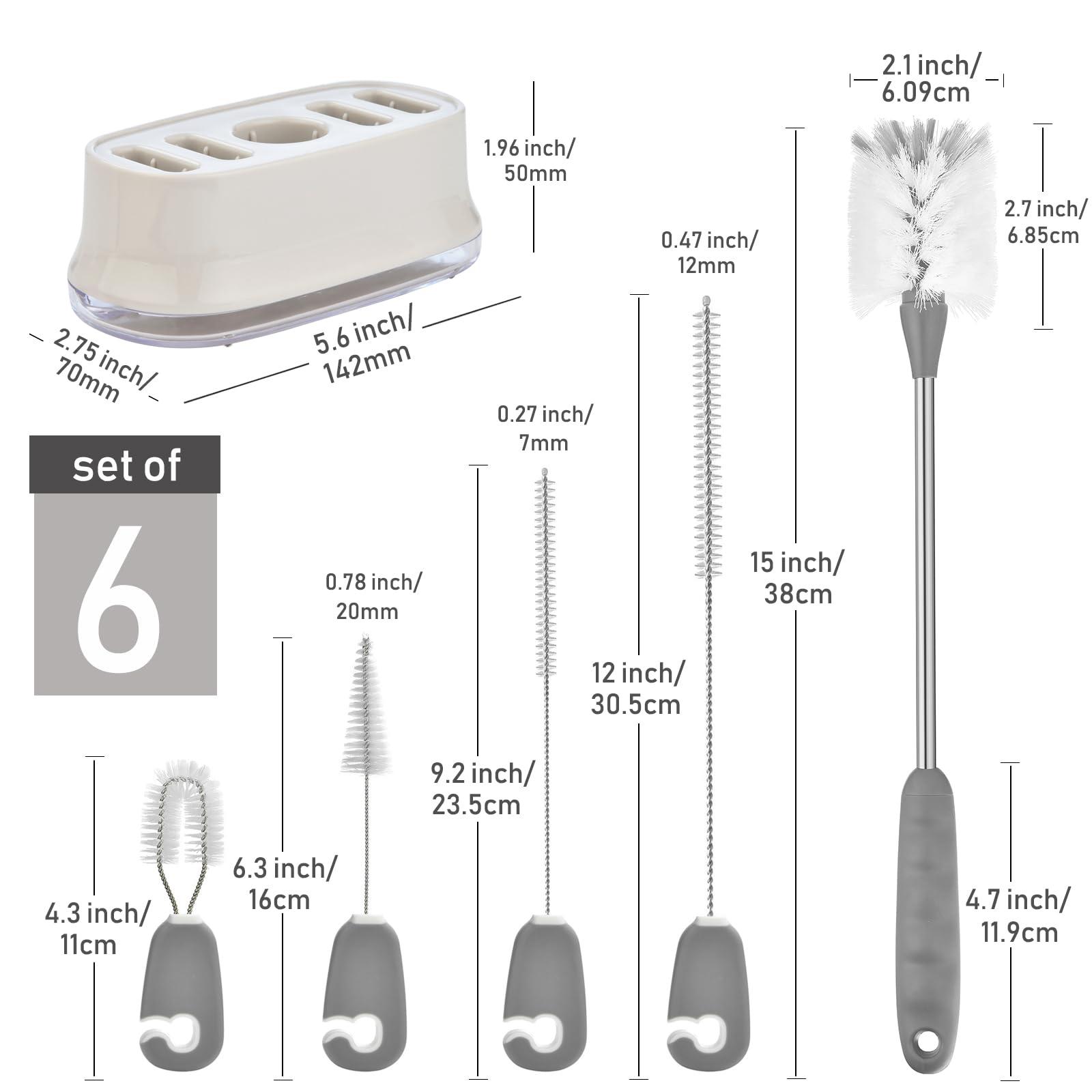 5 Pack Bottle Brush Cleaning Set with Holder