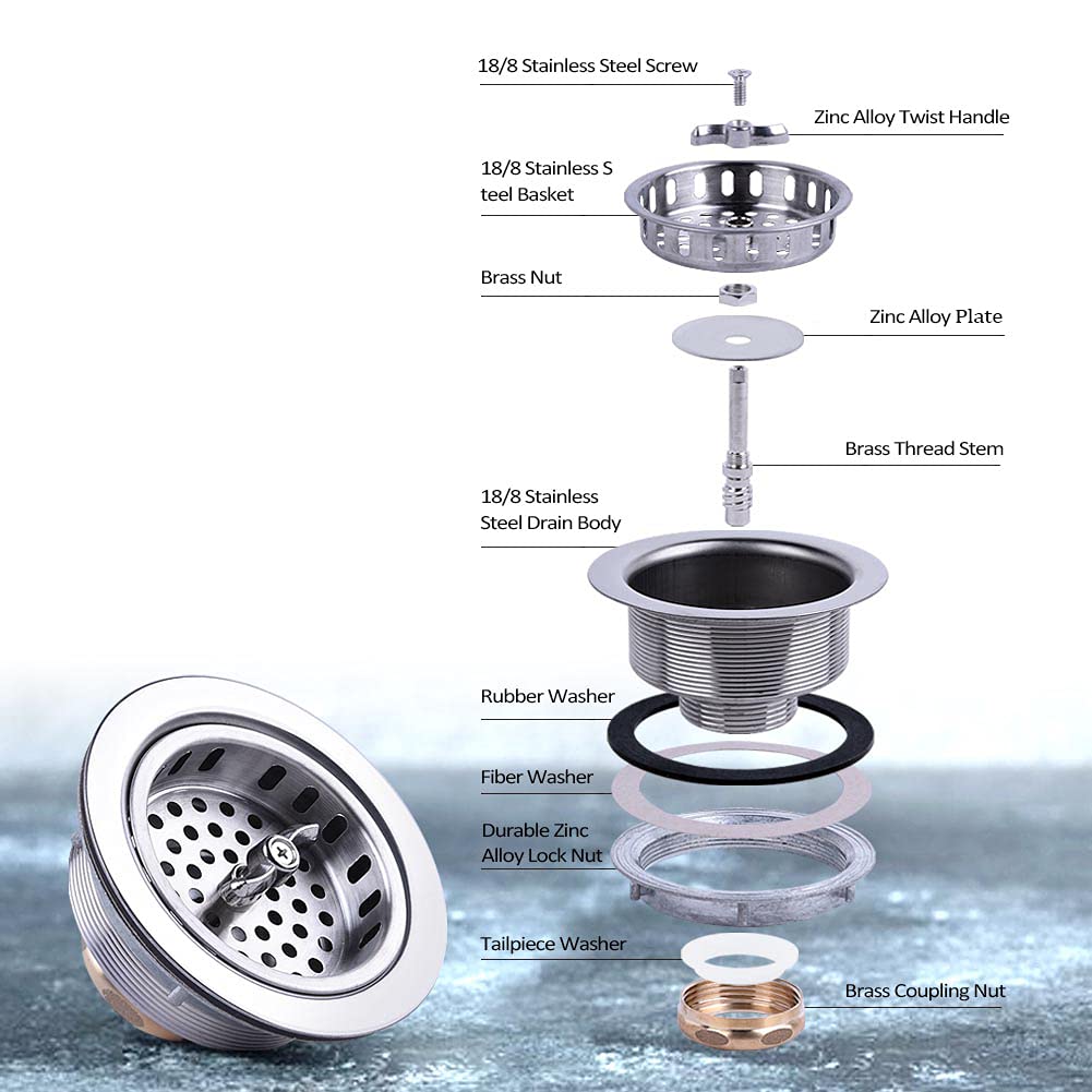 304 Stainless Steel Kitchen Sink Twist Lock Basket Drain Assembly W