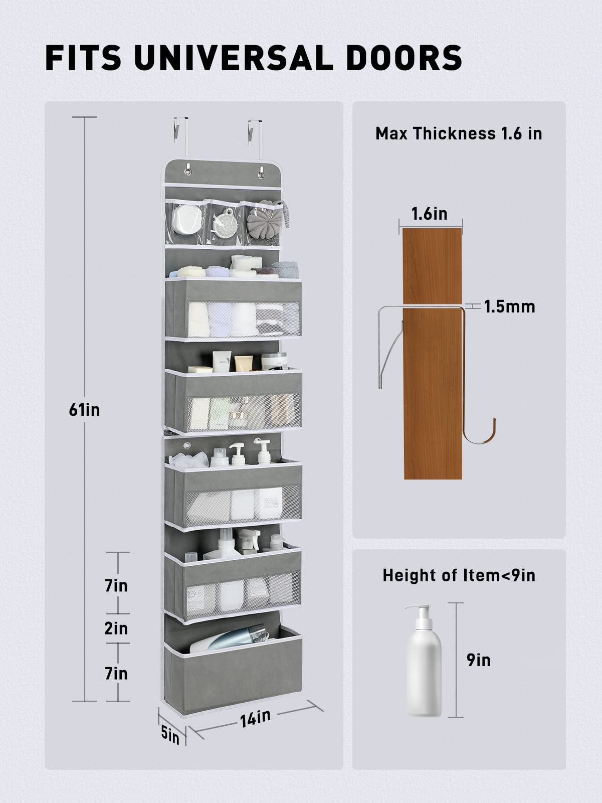 Over the Door Storage Organizer for Nursery Closet 6 Tier Grey