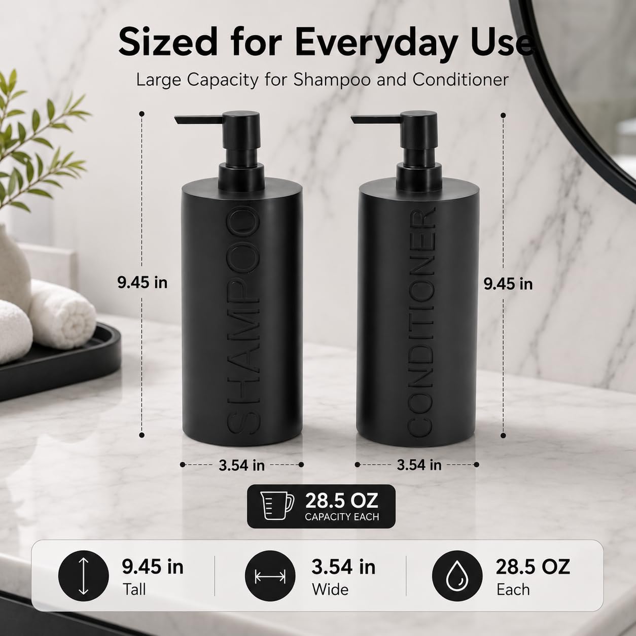 2 Pack Matte Black Resin Refillable Shampoo & Conditioner Bottles