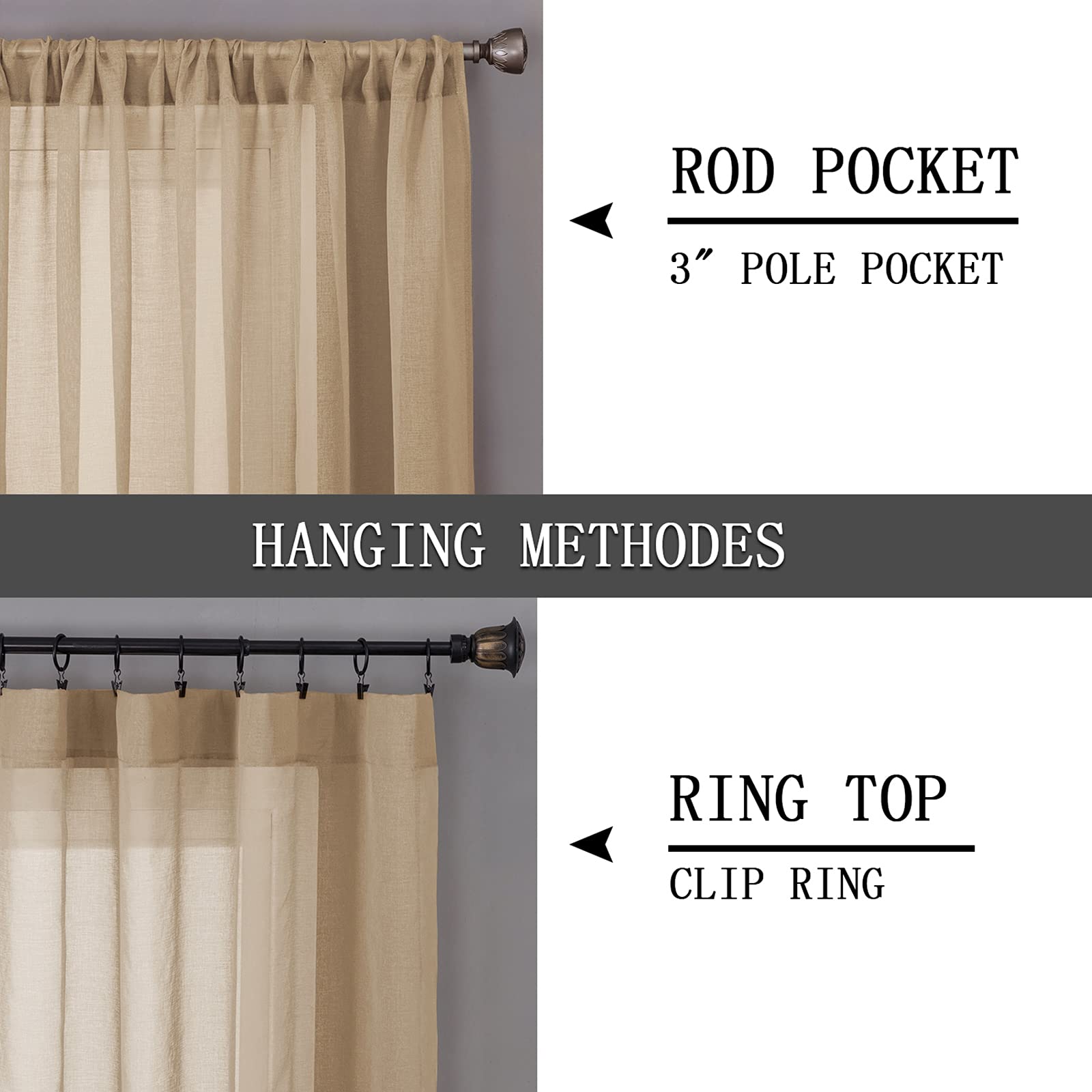 Sheer Curtains Bedroom Linen Textured Curtain Sheers Light Filtering Voile Rod Pocket Curtains for Living Room (2 Count)