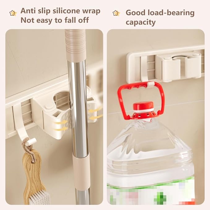 3PCS Mop and Broom Gripper with Hook Wall Mounted Self Adhesive or Drilling Mop Storage Rack for Closet Laundry Bathroom Cleaning Tool Organizer