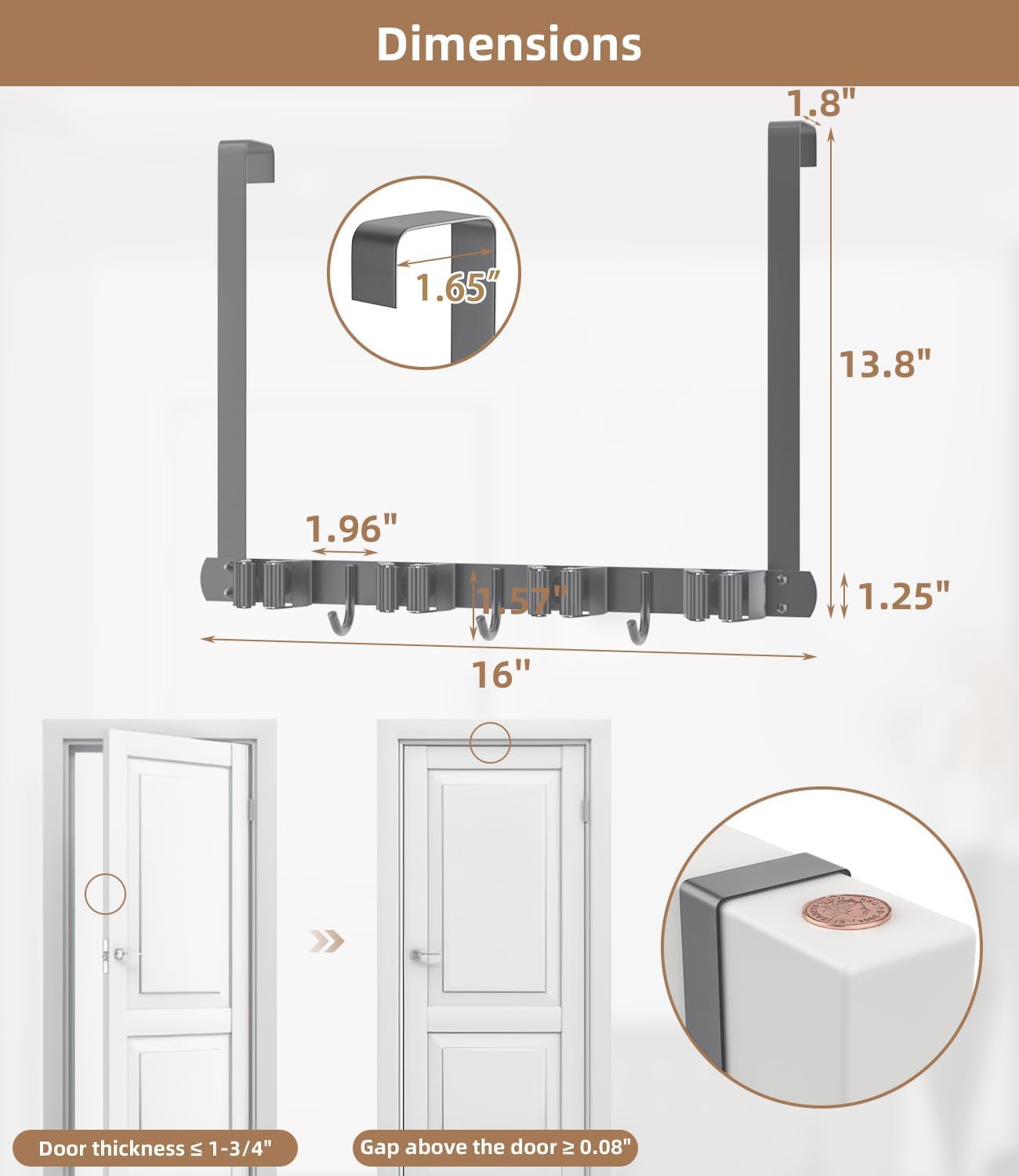 Broom Holder Over The Door with Hooks