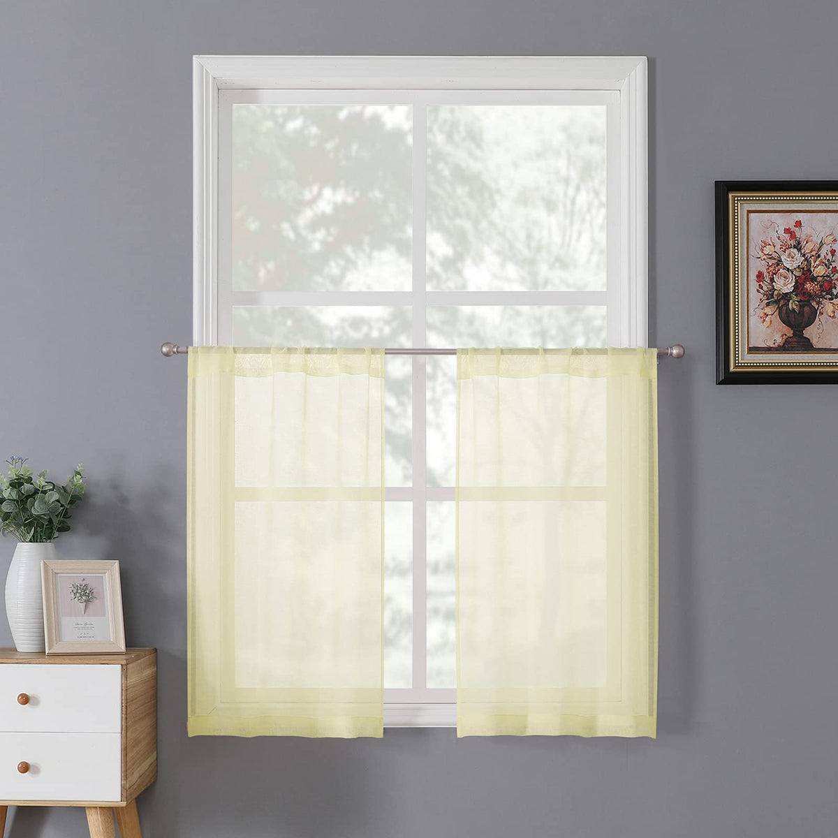 Sheer Tier Curtain Linen Textured Half Kitchen Curtains Sheer Light Filtering Rod Pocket Voile Small Curtains for Bathroom