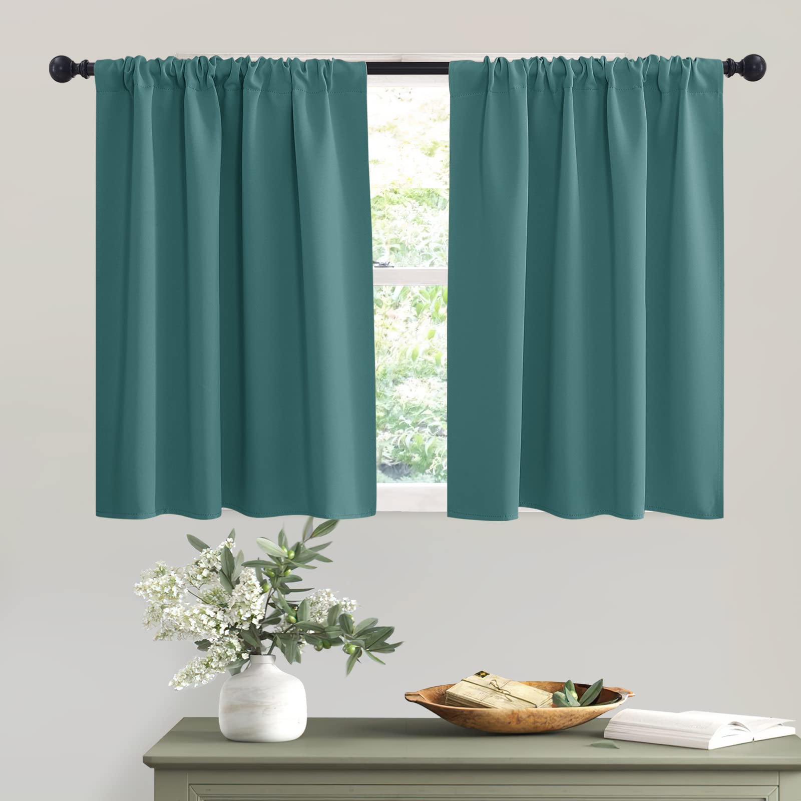 Short Teal Blackout Curtains for Small Bedroom Kitchen Cafe Window