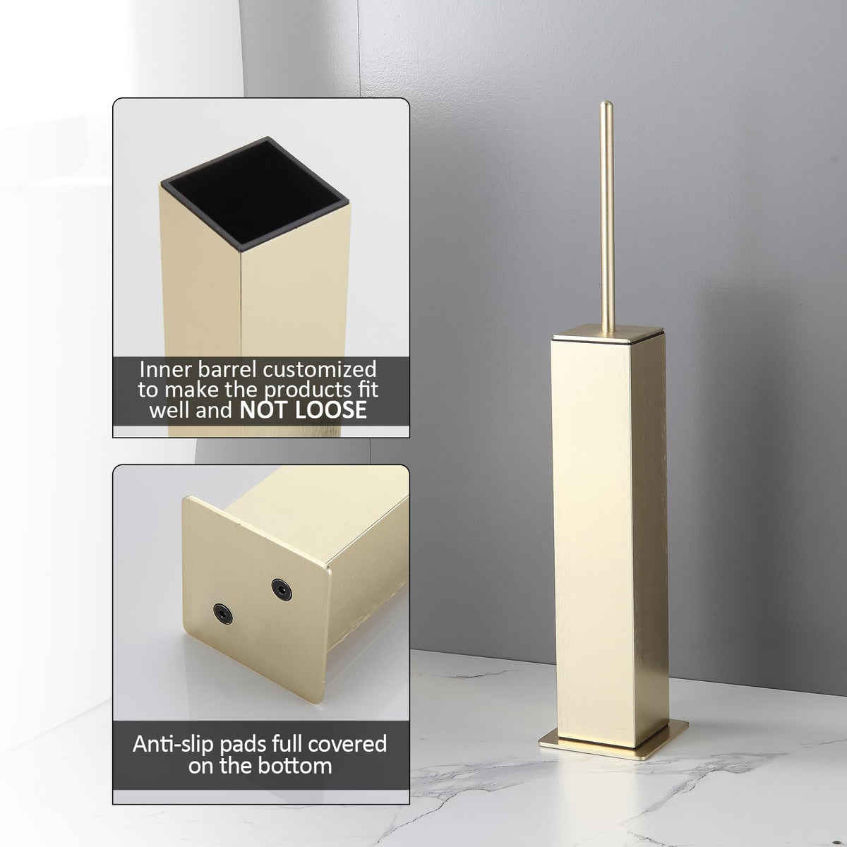 Toilet Brush with Holder Set Brushed Gold Aluminium Standing for Bathroom Toilet Bowl Cleaner Brush and Holder Set