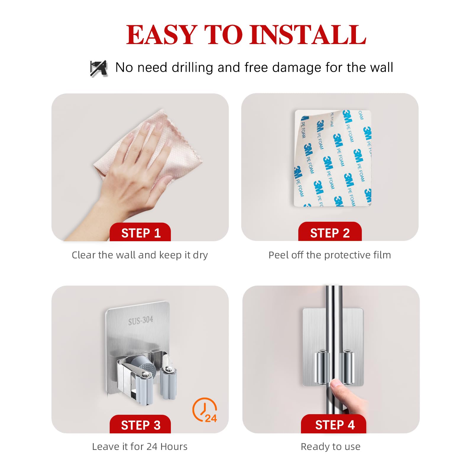 2PCS Broom Holder Wall Mount Self Adhesive Mop and Broom Holder Stainless Steel Broom Hanger Heavy Duty for Laundry Storage Bathroom Kitchen Garage (16 Ounce)