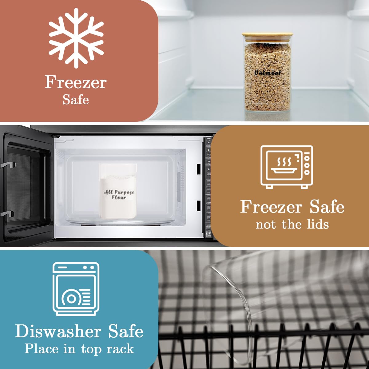 6 Pcs Square Glass Pantry Storage Containers with Bamboo Airtight Lid and 248 Clear Pantry Labels Preprinted