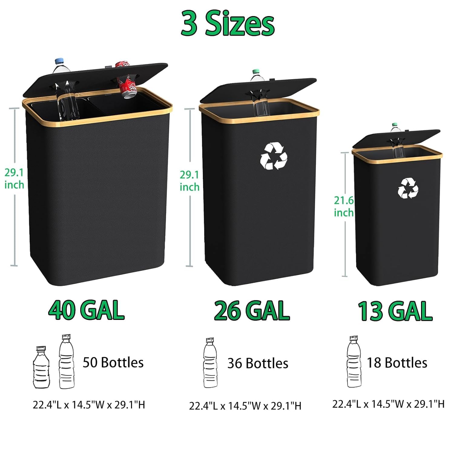 Recycling Bin Kitchen Indoor Home 40 Gallon 156L Recycle Bin with Lid 2 Removeable Reusable Inner Bag Bottle Can Glass Waste Plastice