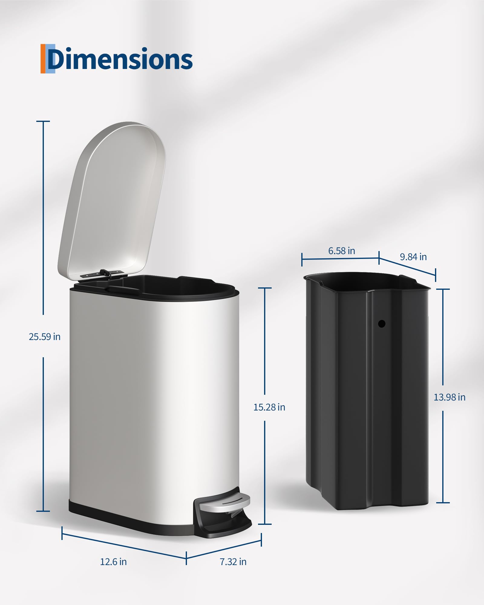 13 gal (50 L) and 2.6 gal (10 L) Metal Trash Can Combo Set, Rustproof Garbage Can with Lid, Step-on Trash Bin with Inner Bucket, Rear Handle, White