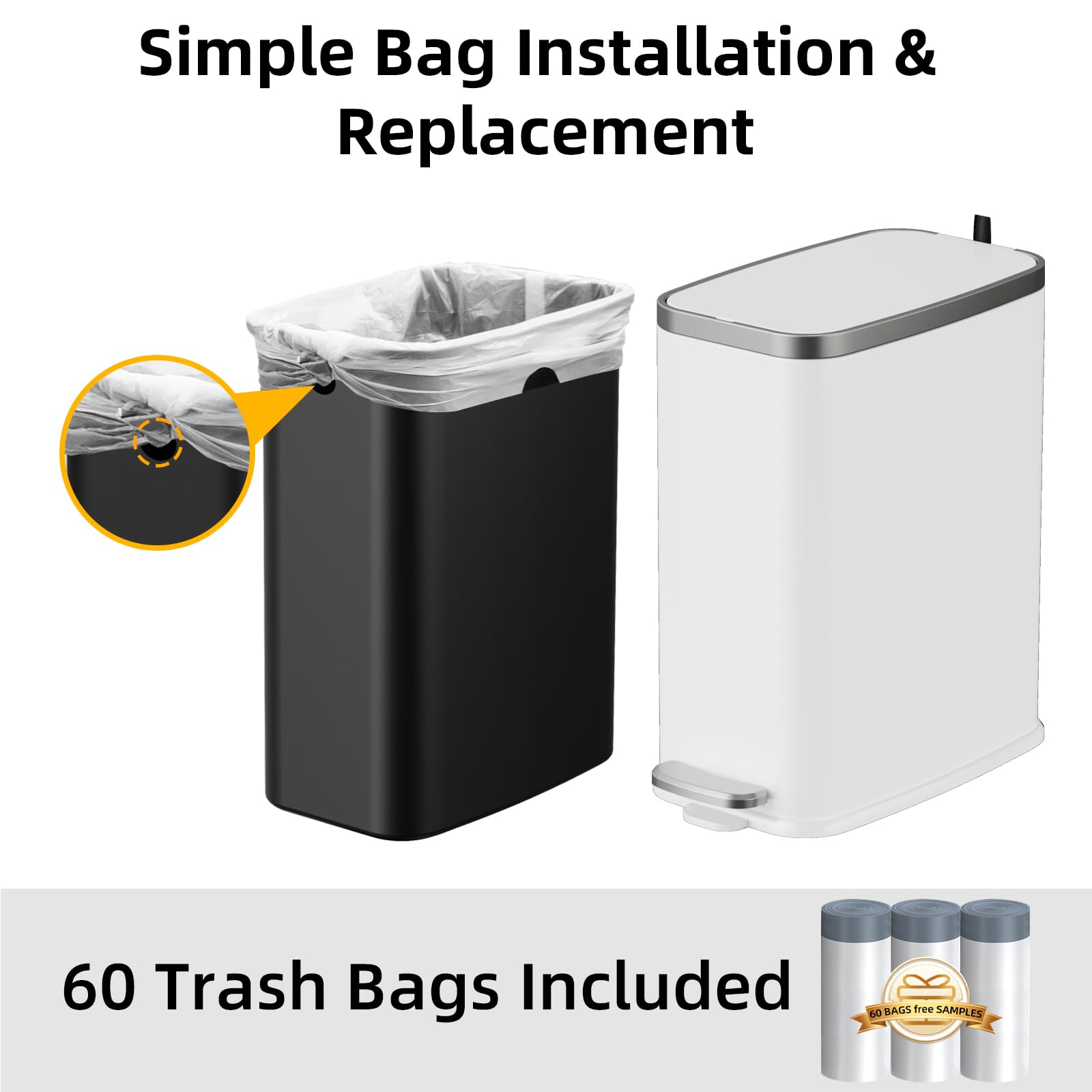 Stainless Steel Bathroom Trash Can with Lid Soft Close (60 Count)