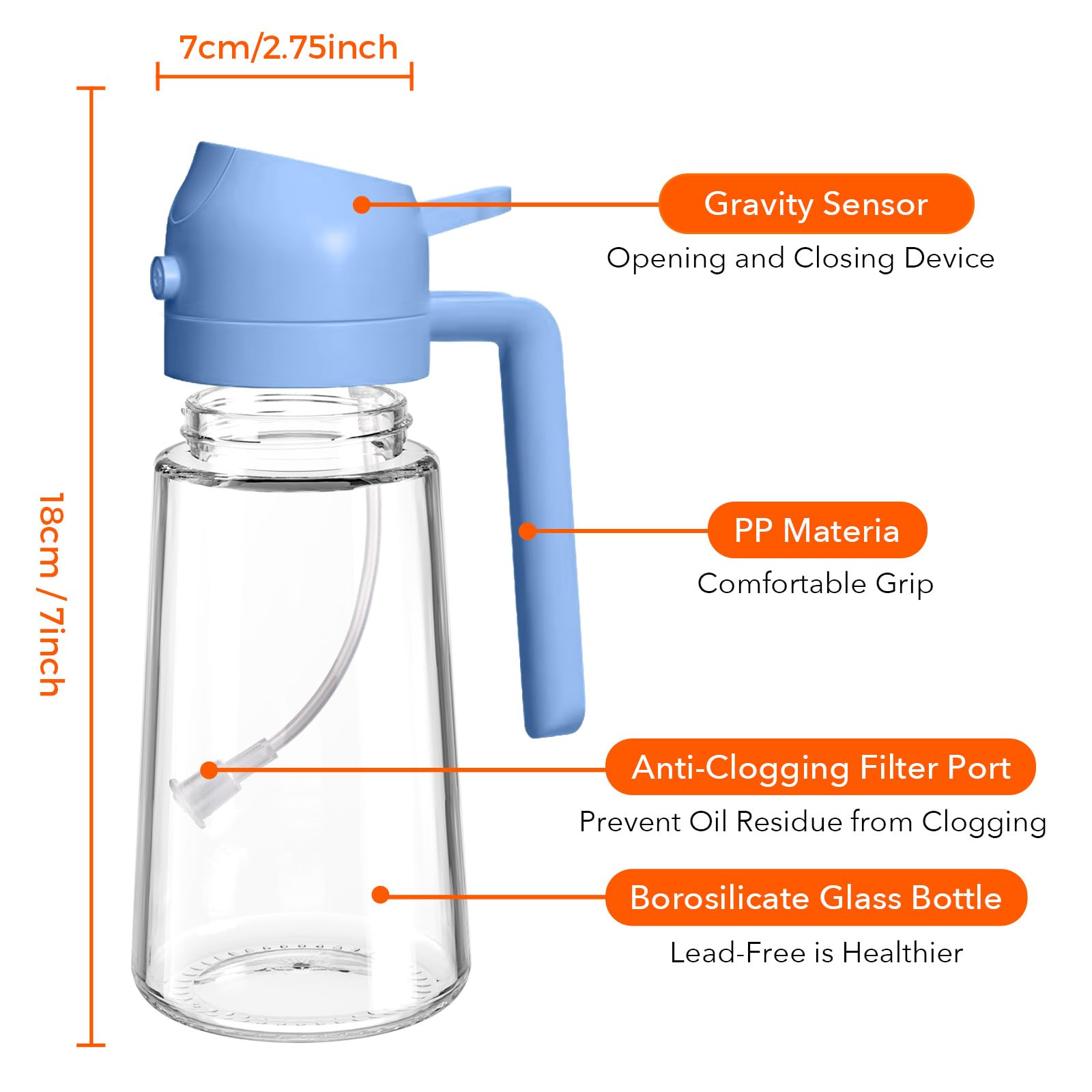 16 oz 2-in-1 Glass Olive Oil Sprayer for Cooking, SkyBlue