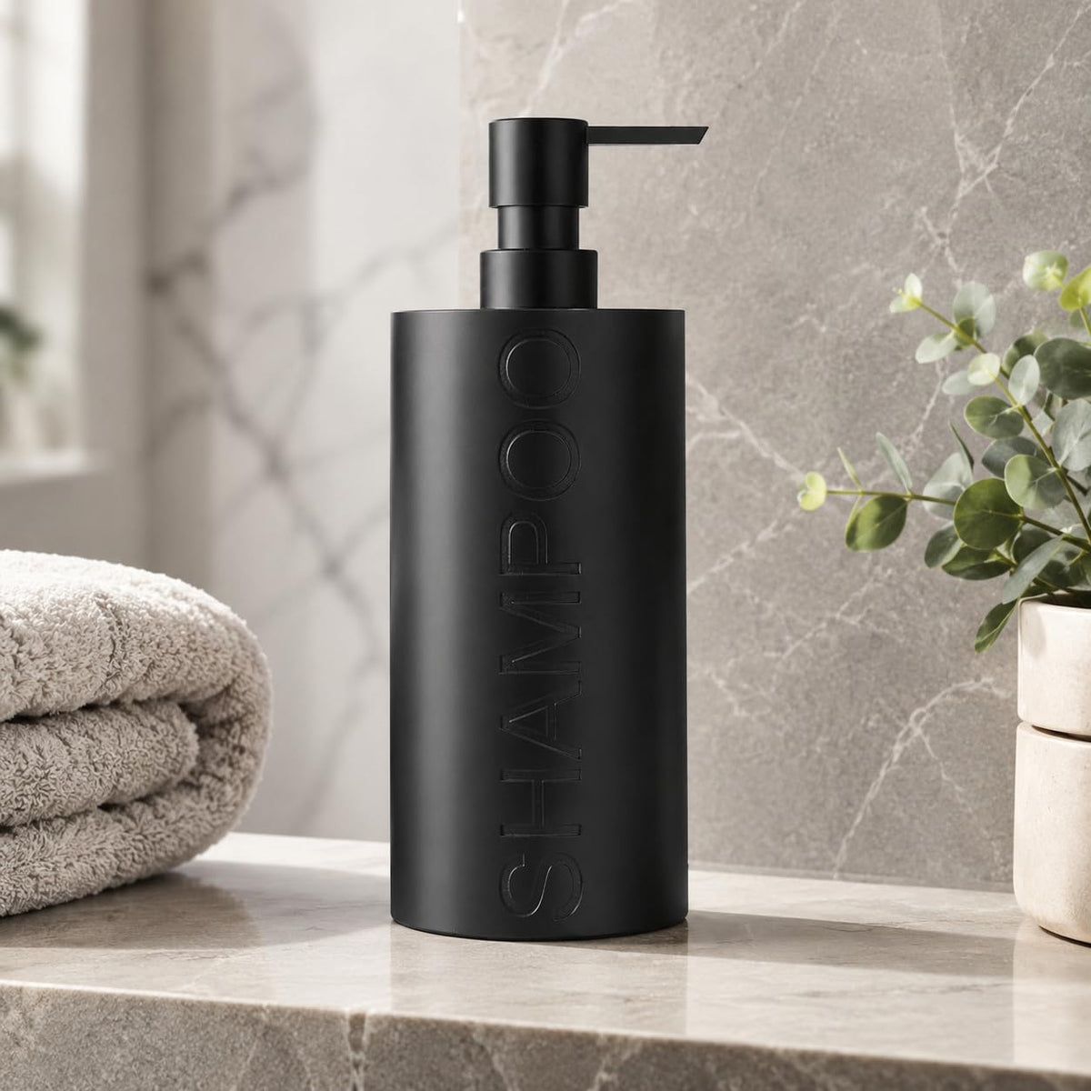 Matte Black Shampoo Dispenser Modern Refillable Pump Bottle with Embossed Text