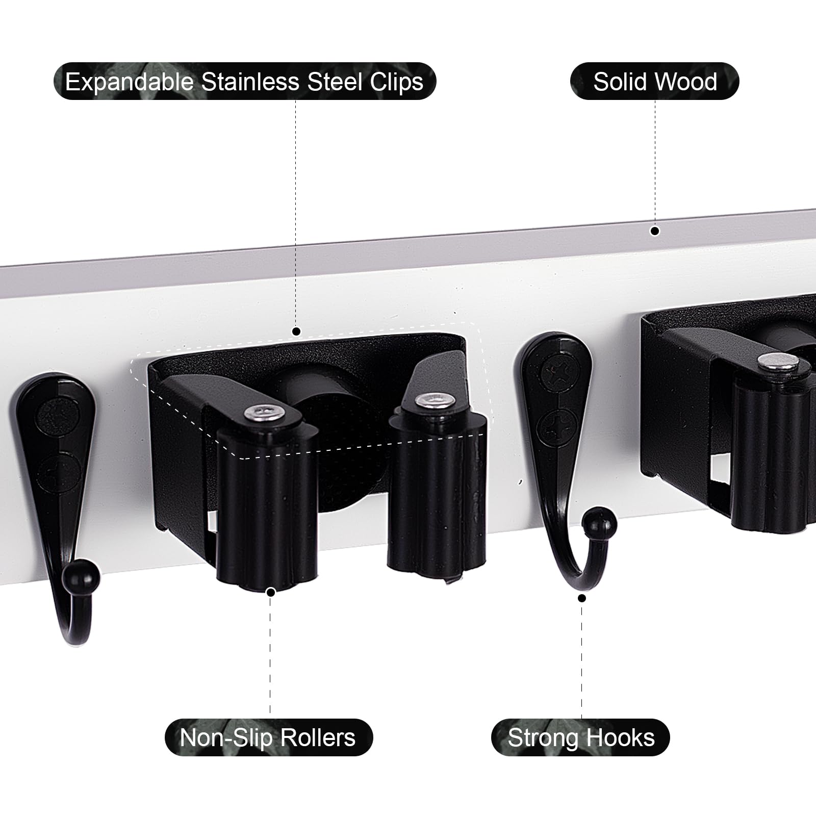 Broom Holder Wall Mount With 5 Slots & 4 Hooks