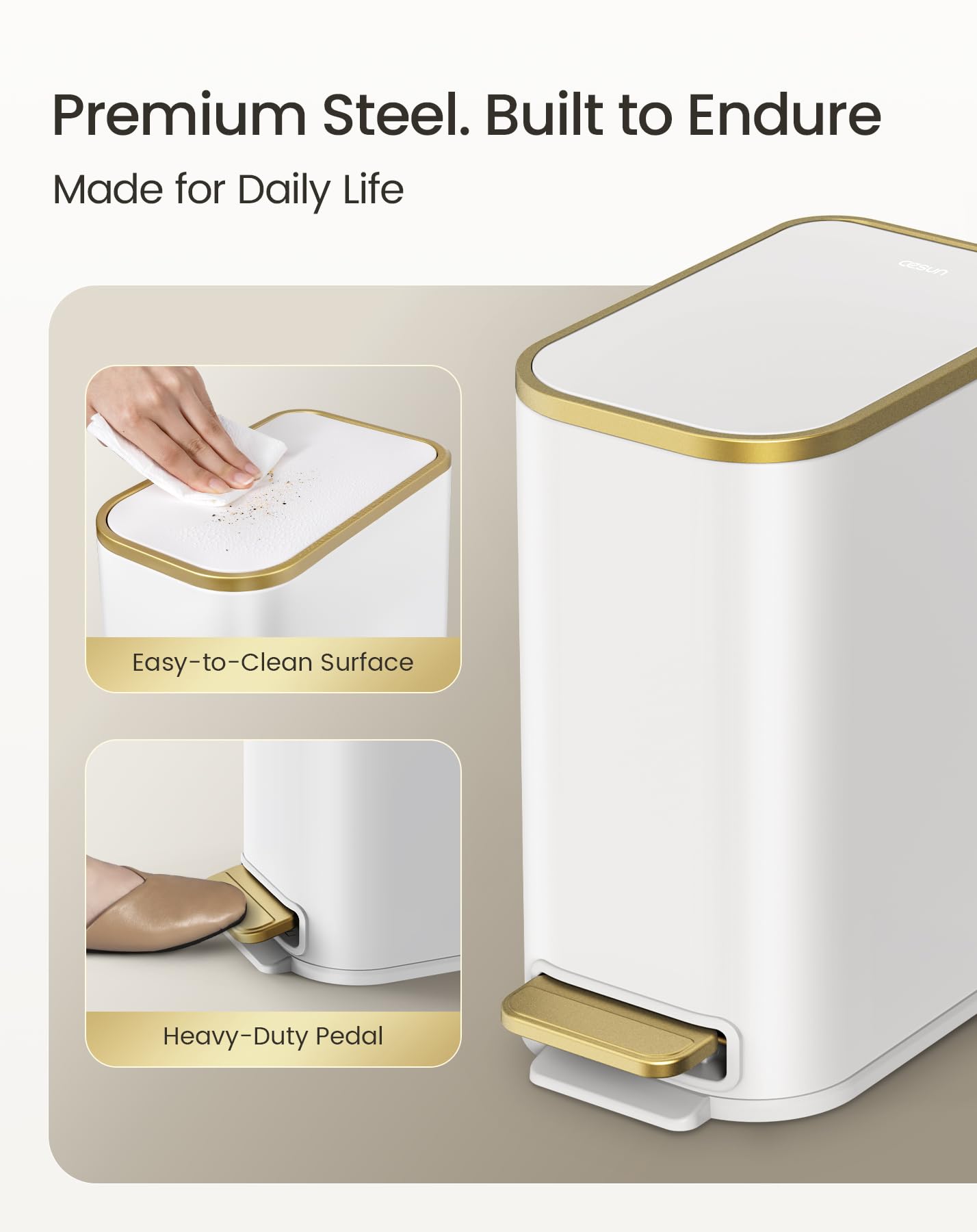 Small Bathroom Trash Can with Gold Grimmed Lid & Pedal