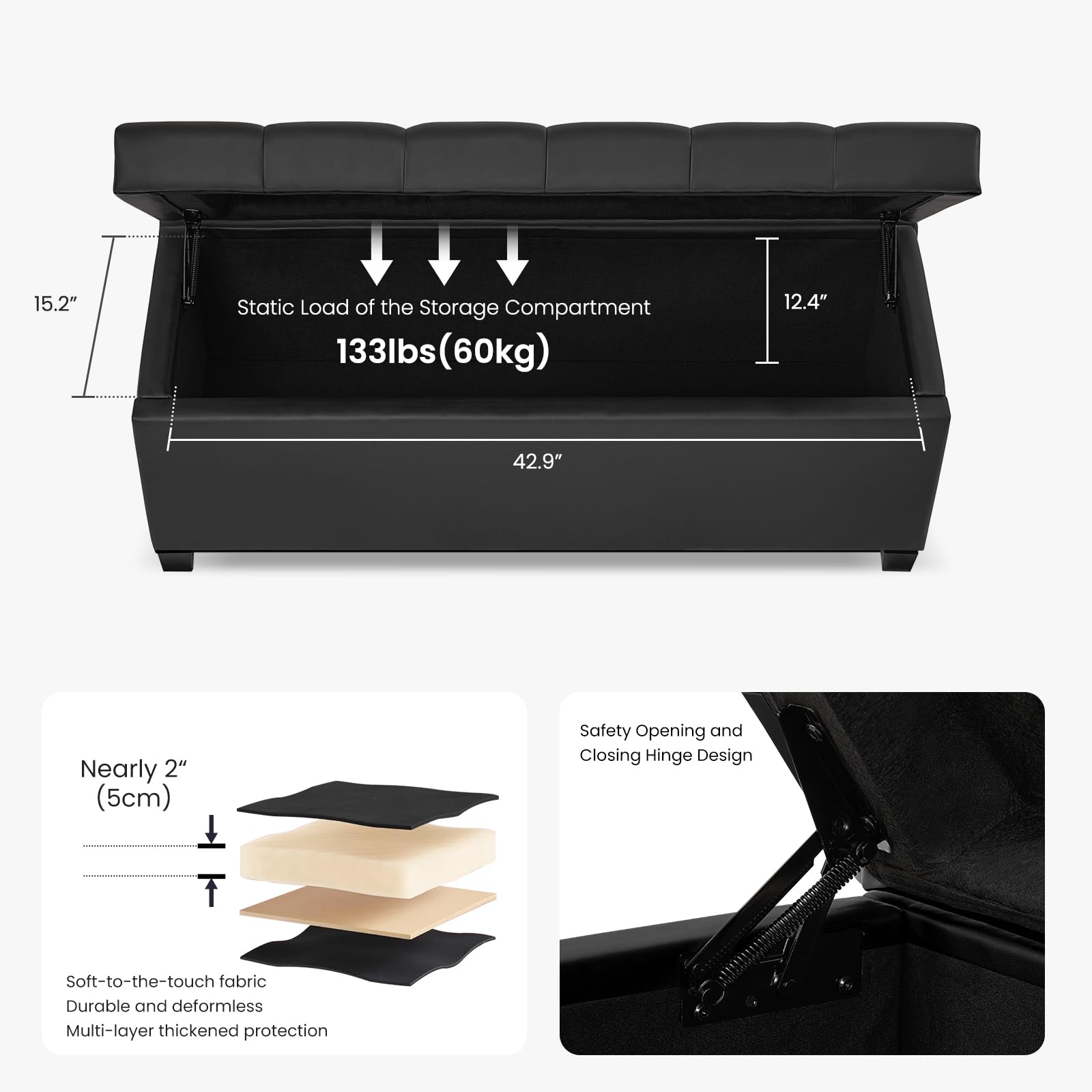 Leather Storage Ottoman Bench for Bedroom