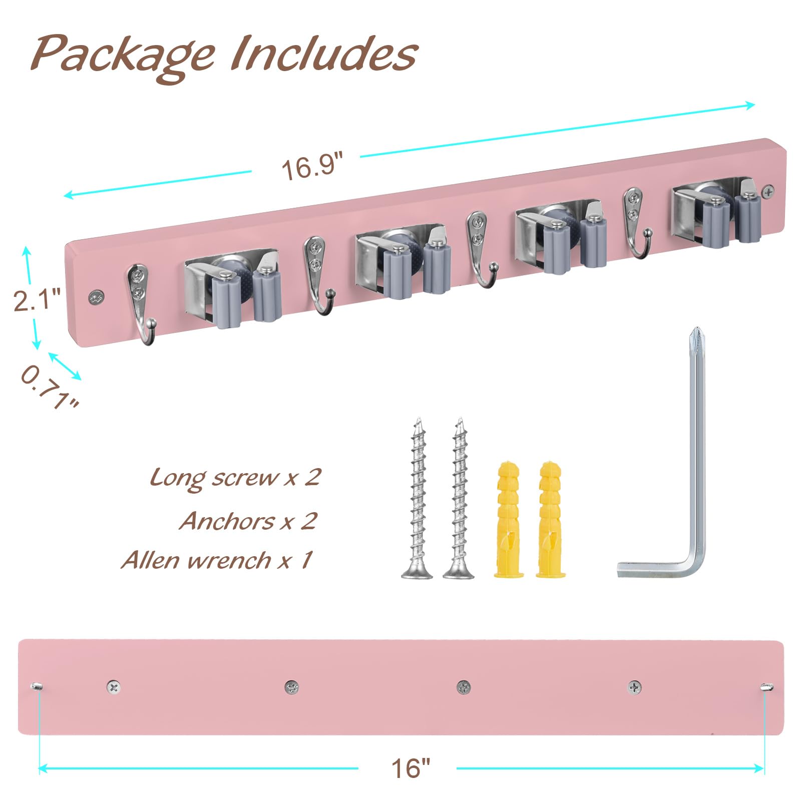 Pink Mop Broom Holder Wall Mount with 4 Slots & 4 Hooks