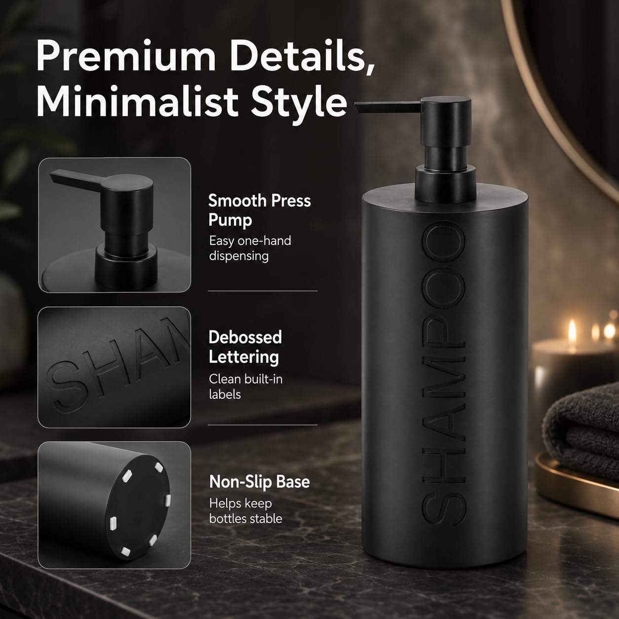 2 Pack Matte Black Resin Refillable Shampoo & Conditioner Bottles