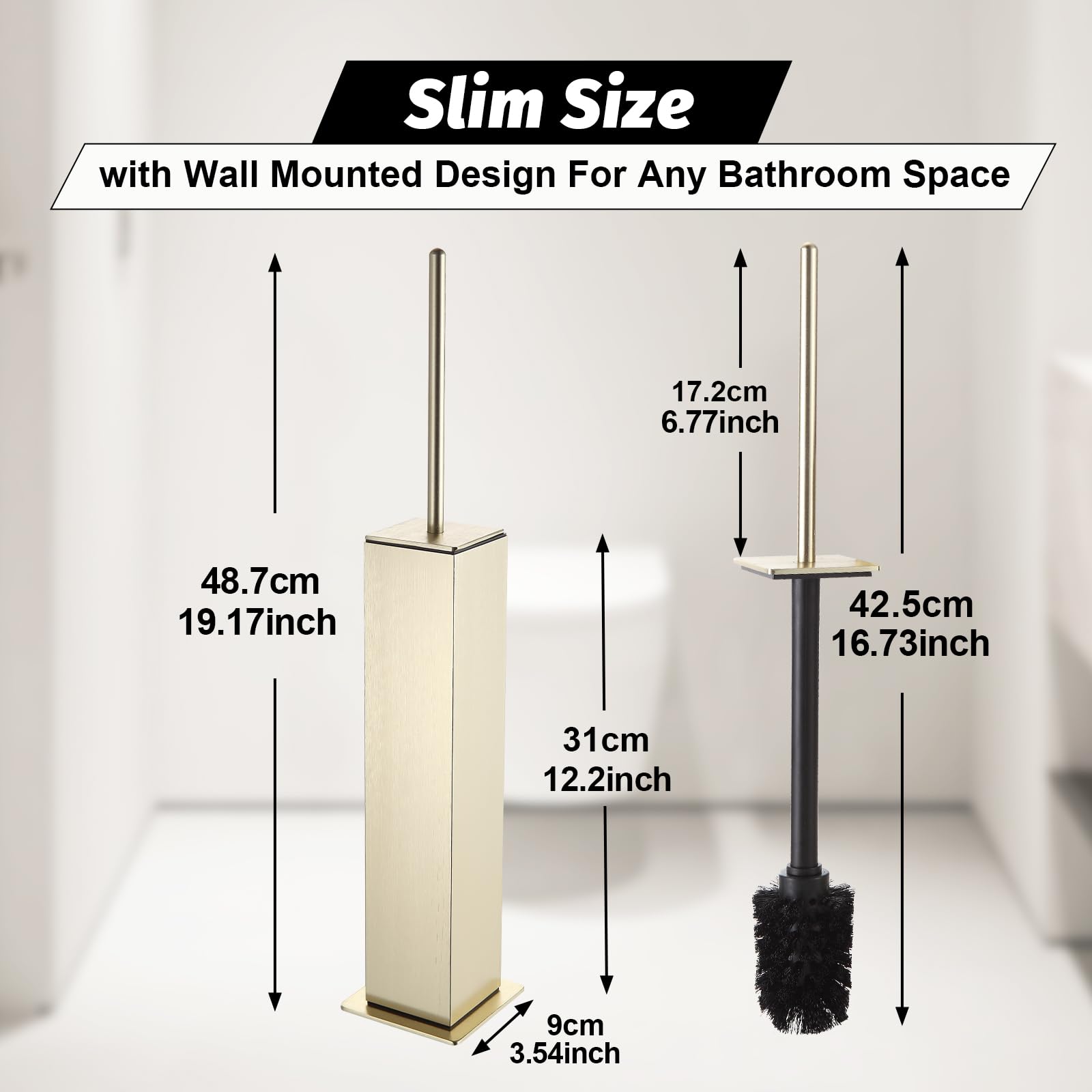 Toilet Brush with Holder Set Brushed Gold Aluminium Standing for Bathroom Toilet Bowl Cleaner Brush and Holder Set