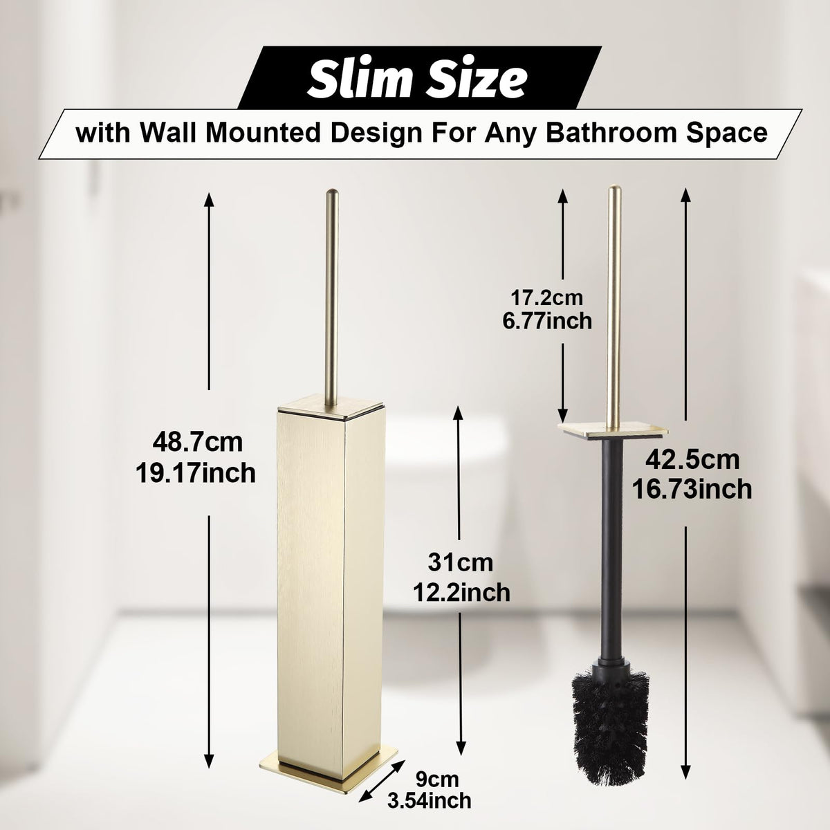 Toilet Brush with Holder Set Brushed Gold Aluminium Standing for Bathroom Toilet Bowl Cleaner Brush and Holder Set