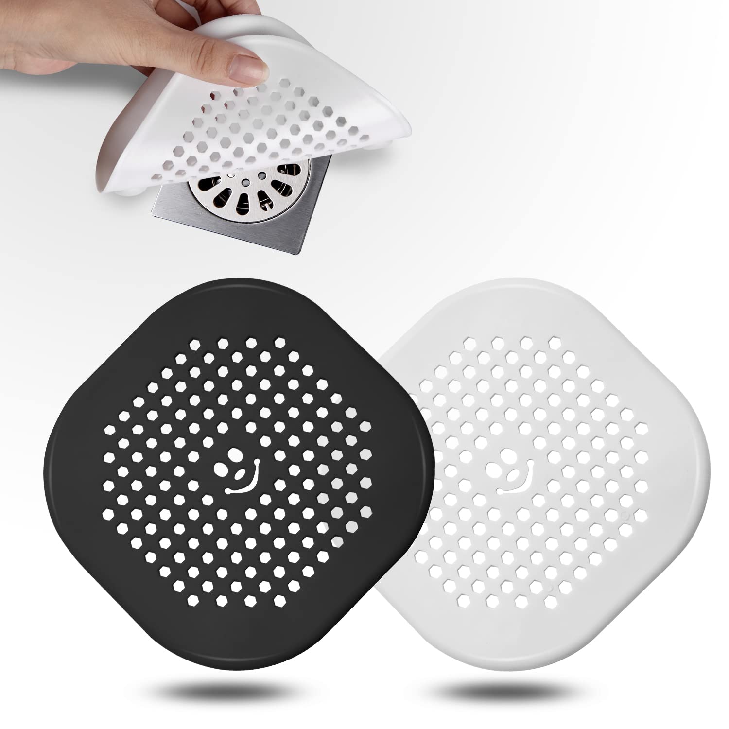 2 Pack Drain Hair Catcher Silicone Drain Protector Hair Stopper with Suction Cup for Shower Kitchen Bathroom Black White (2 Count)