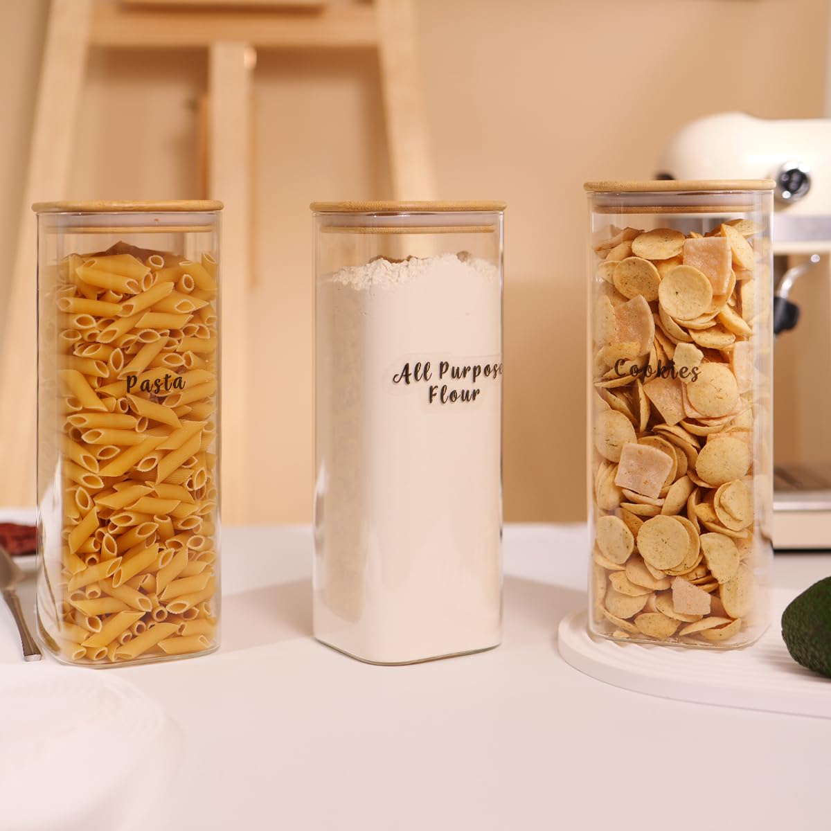 3 Pcs Square Glass Pantry Storage Containers with Bamboo Airtight Lid and 248 Clear Pantry Labels Preprinted