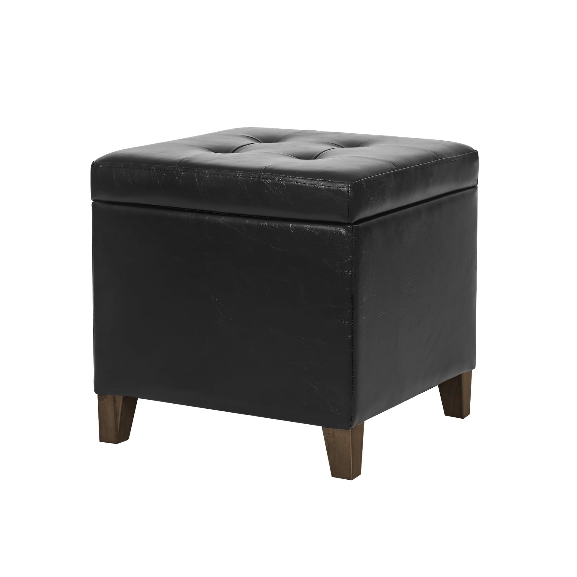 Black Faux Leather Storage Ottoman Bench with Tufted Top & Solid Wood Legs