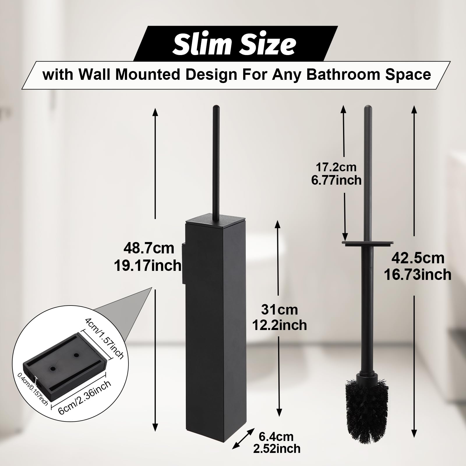 Toilet Brush and Holder Set Matte Black Wall Mounted for Bathroom Square Design