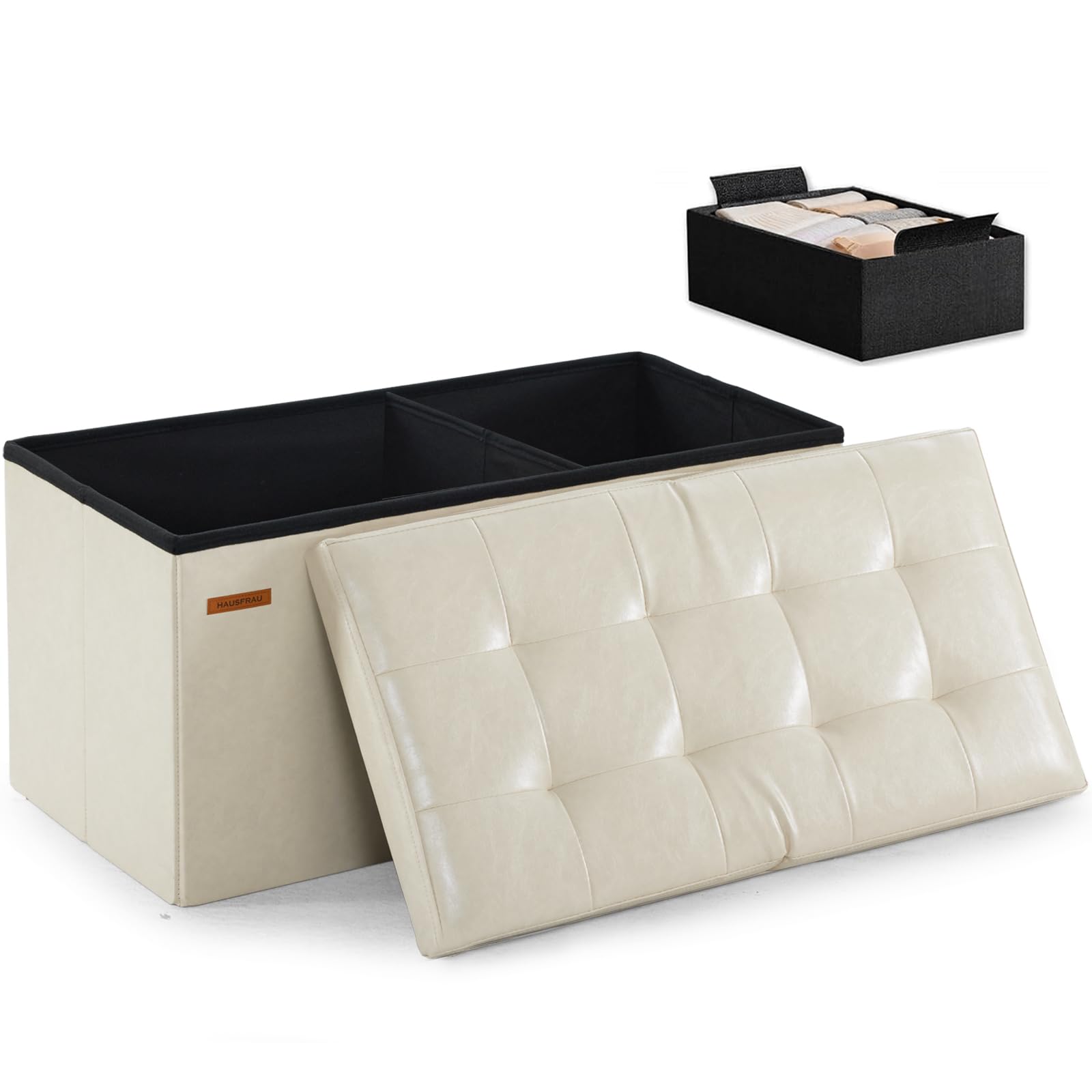 Ottoman with Storage Bench Folding Foot Rest Stool Ivory