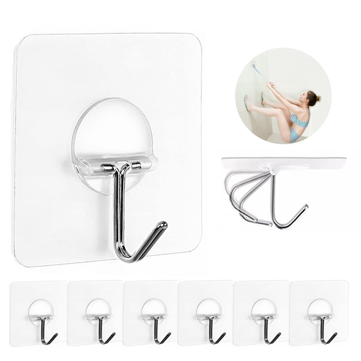Adhesive Wall Hooks No Drill Clear Heavy Duty (8 Count)