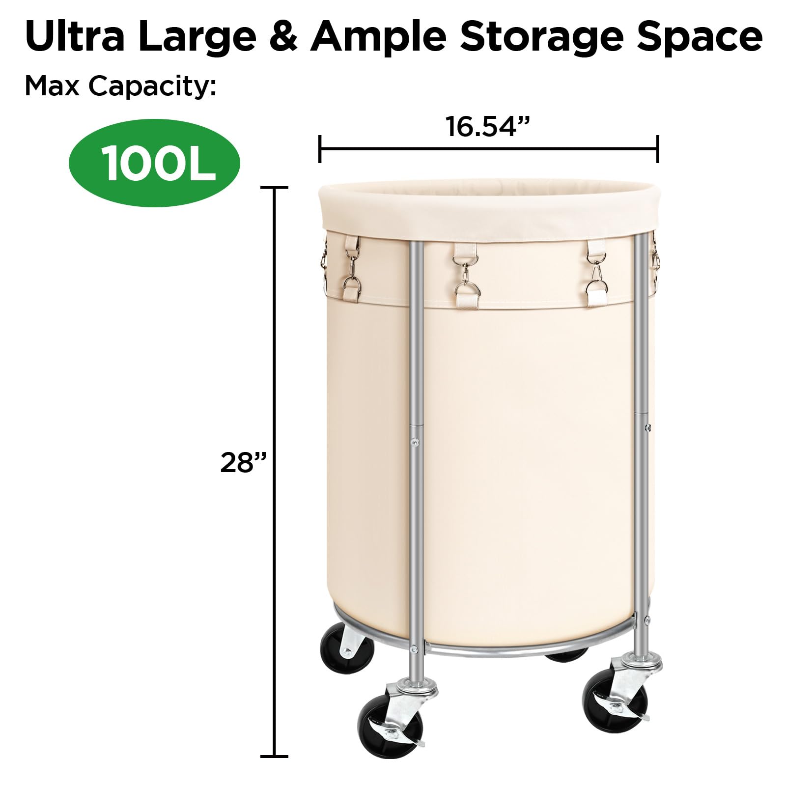 100L Round Rolling Laundry Hamper Basket with Wheels