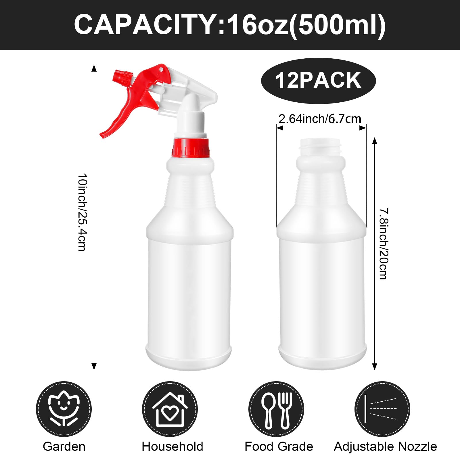 12 Pcs 16 Oz Plastic Spray Bottles