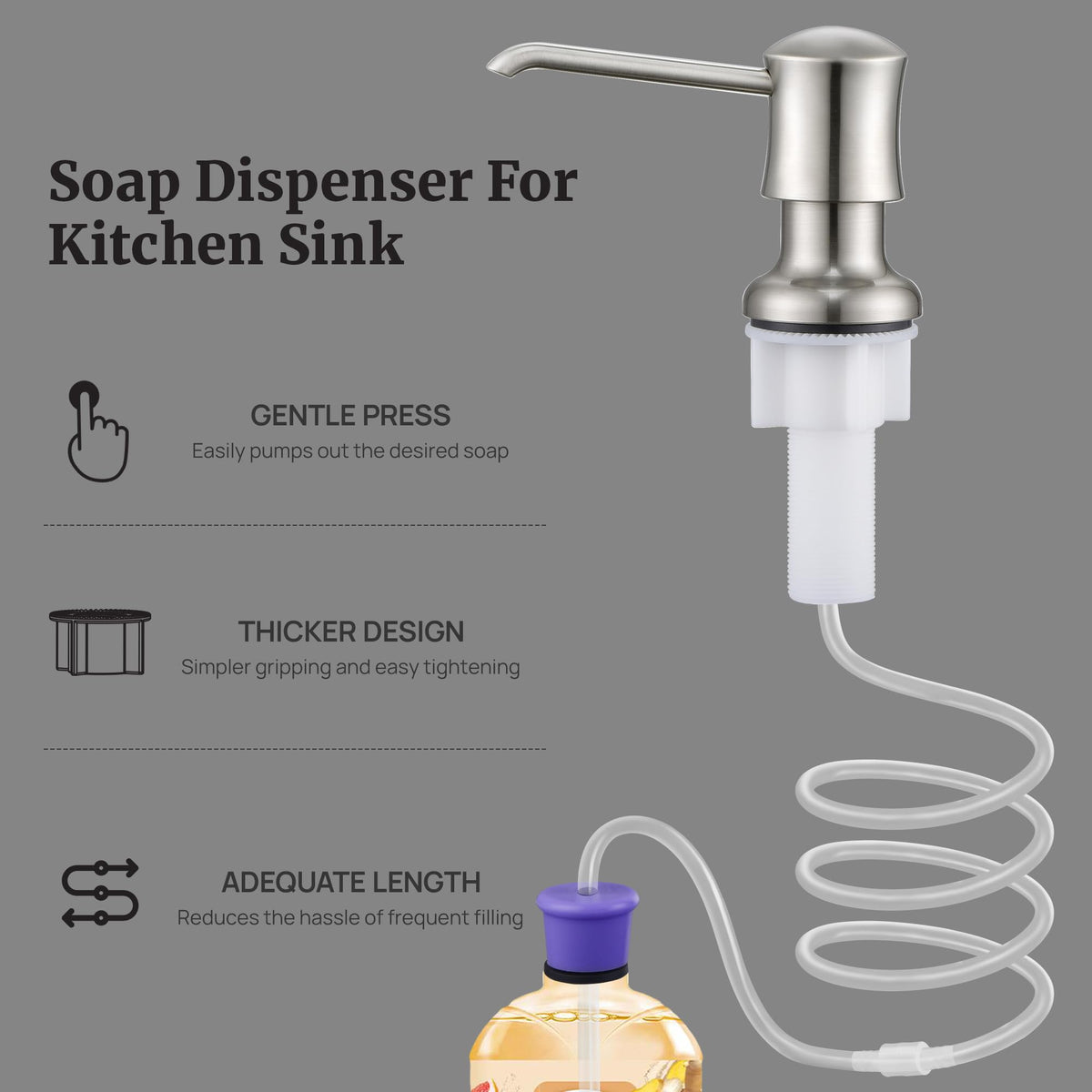 Sink Soap Dispenser for Kitchen Sink Brushed Nickel Upgrade with 40" Silicone Extension Tube Kit
