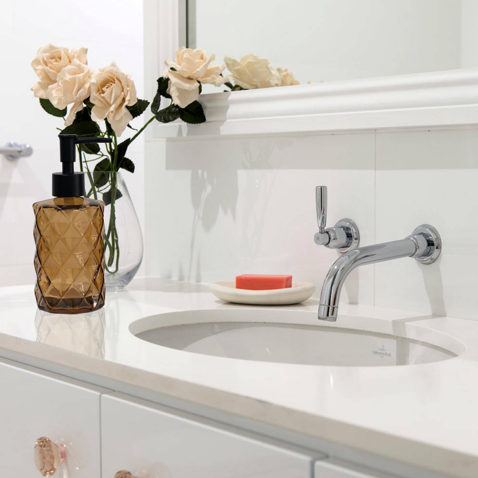 Brown Bathroom Soap Dispenser with Black Plastic Pump