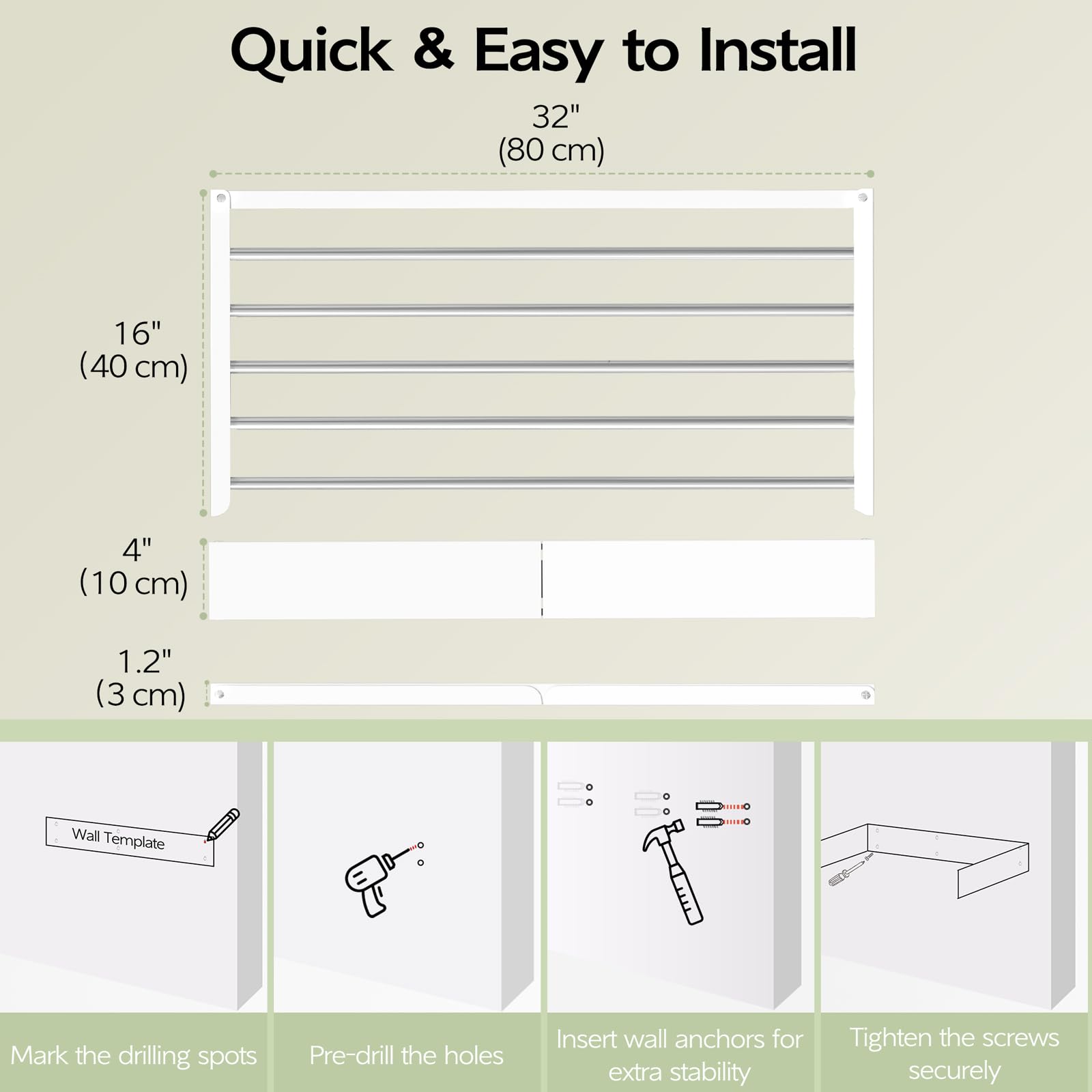 Wall Mounted Clothes Drying Rack 32"