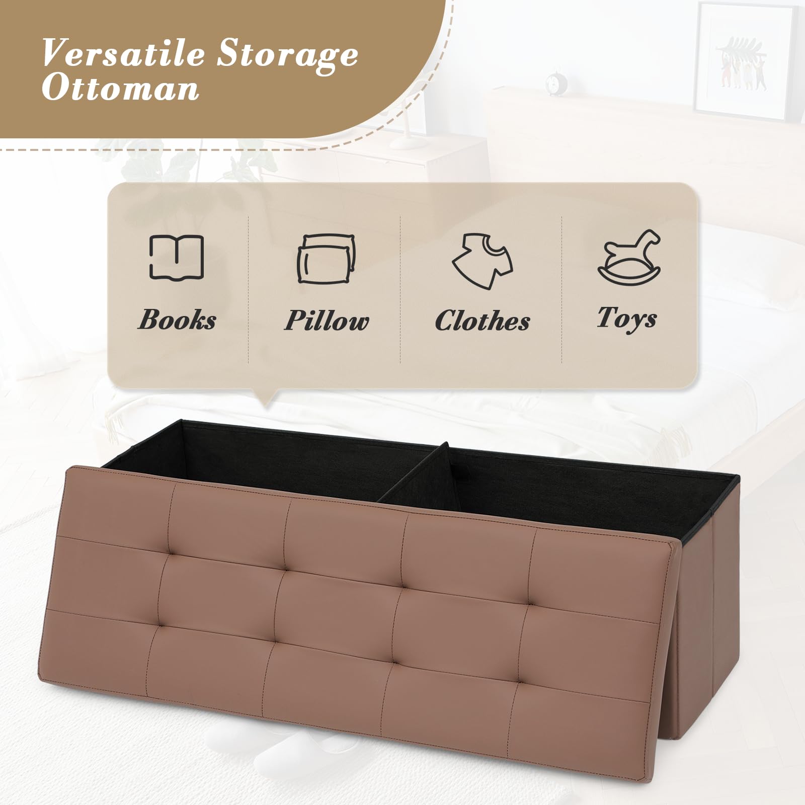 43" Storage Ottoman Bench Folding Bench with 130L Hidden Storage