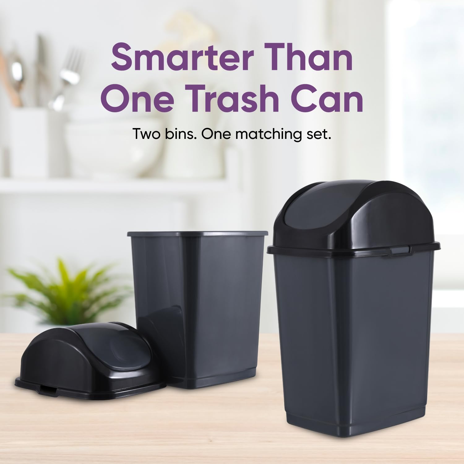 Mini 1.25 Gallon and Small 2.5 Gallon Plastic Trash Cans with Swing Top Lid (2 Count)