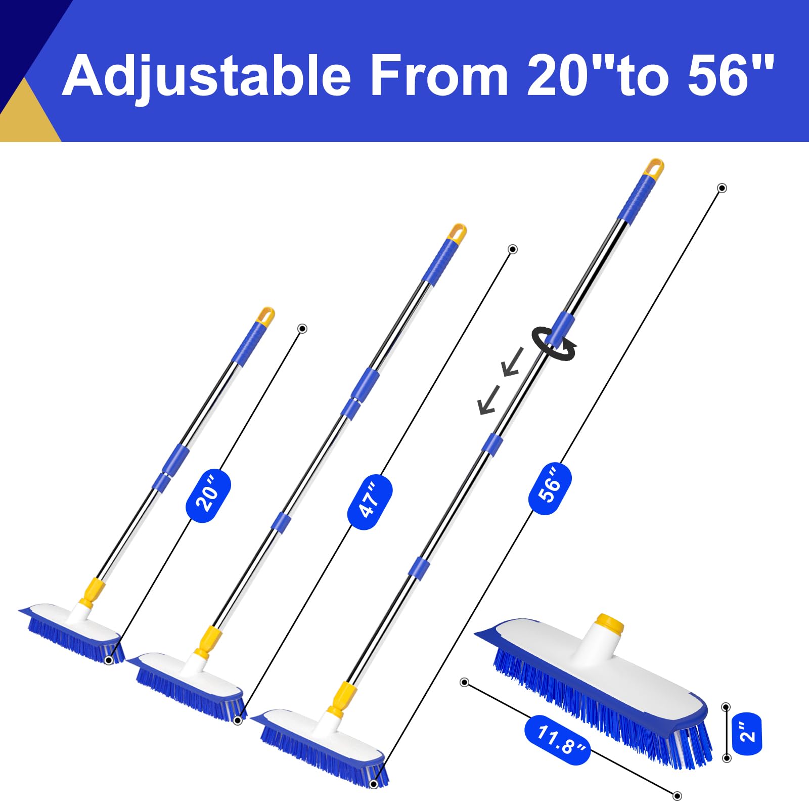 12" Wide Floor Scrub and Grout Brush Set With Long Extendable Handle