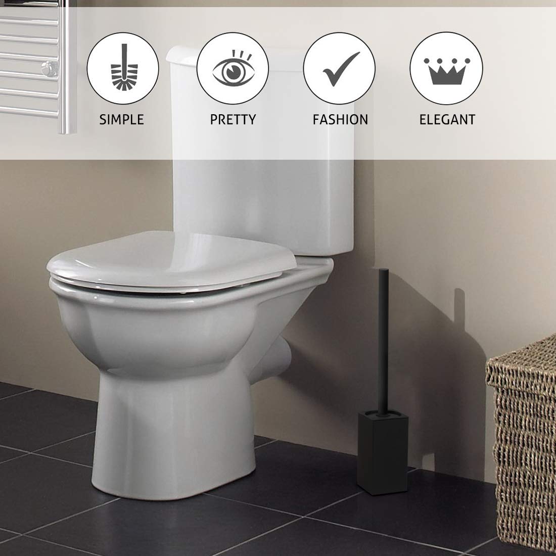 Toilet Brush Holder Stainless Steel 304 Standing Black Square Toilet Brush Holder for Bathroom Storage and Organization
