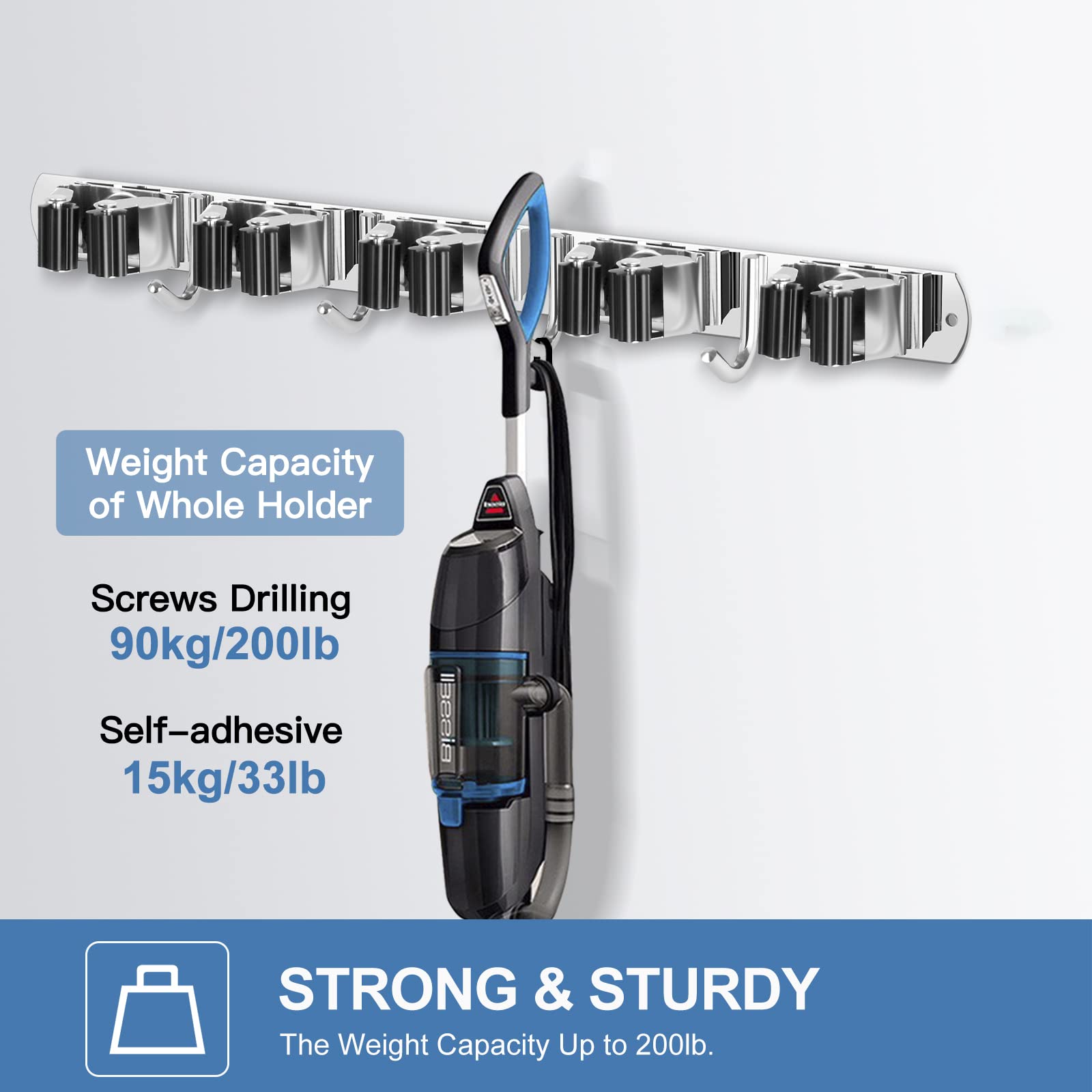 2 Pack Broom Holder Wall Mount Stainless Steel Mop Organizer (2 Count)