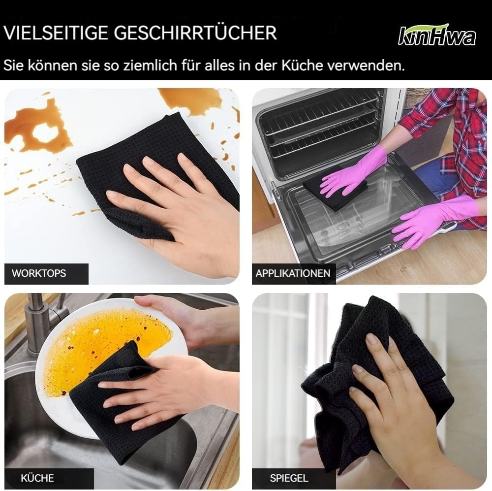 Waffle Microfiber Dish Cloths Black Kitchen Towels (6 Count)